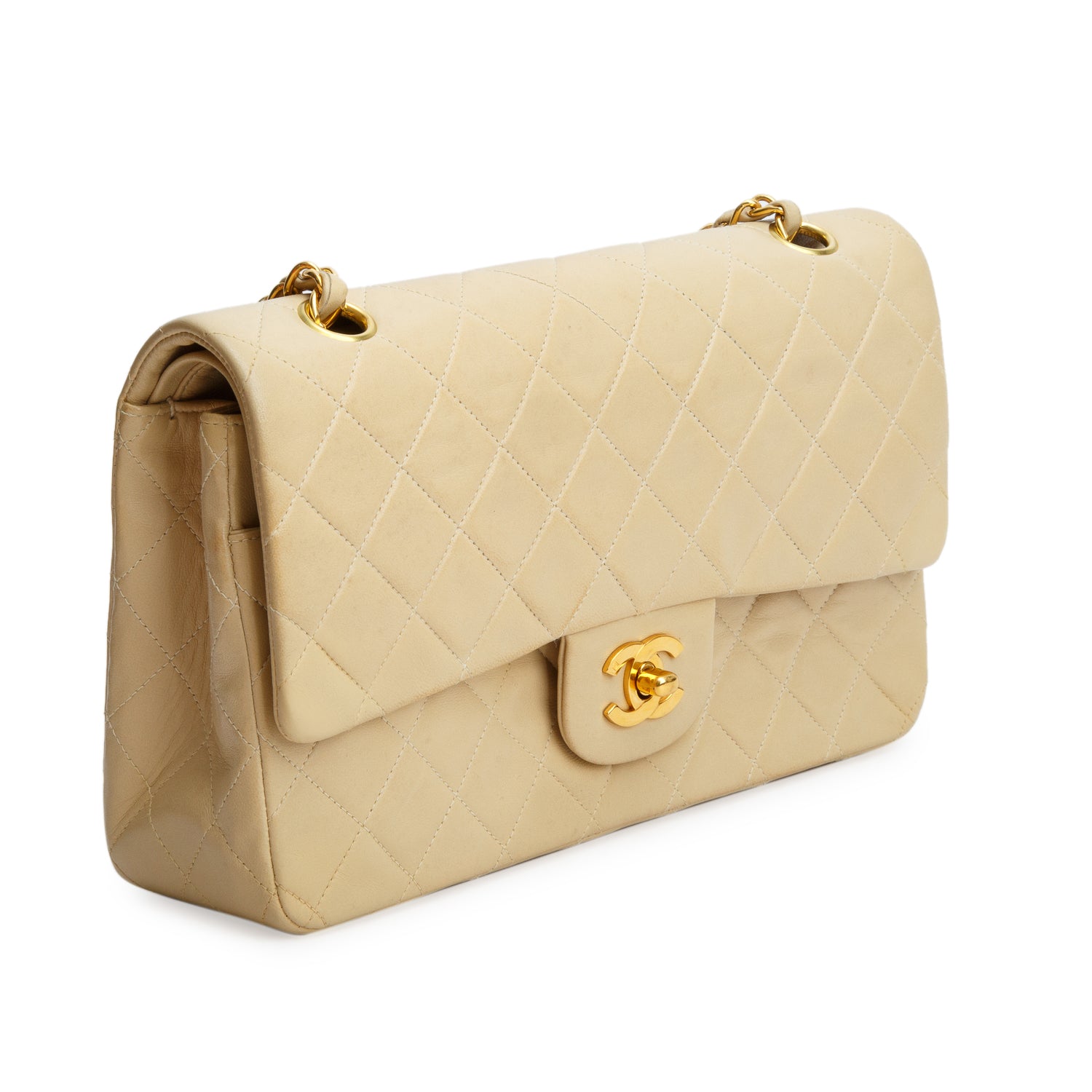 Chanel Vintage Beige Lambskin Quilted Medium Double Flap w/ Box & Authenticity Card