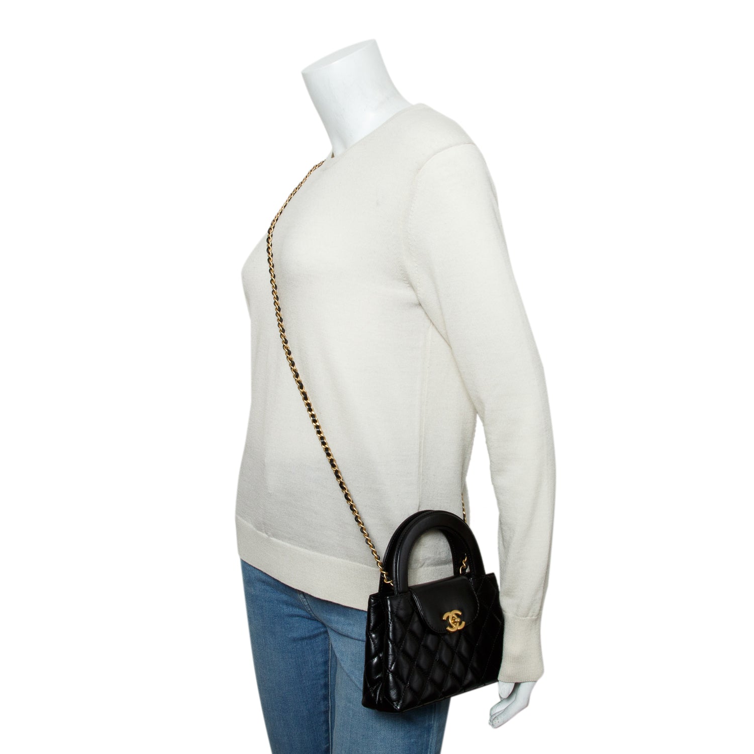 Chanel Black Shiny Aged Calfskin Quilted Nano Kelly Shopper w/ Box