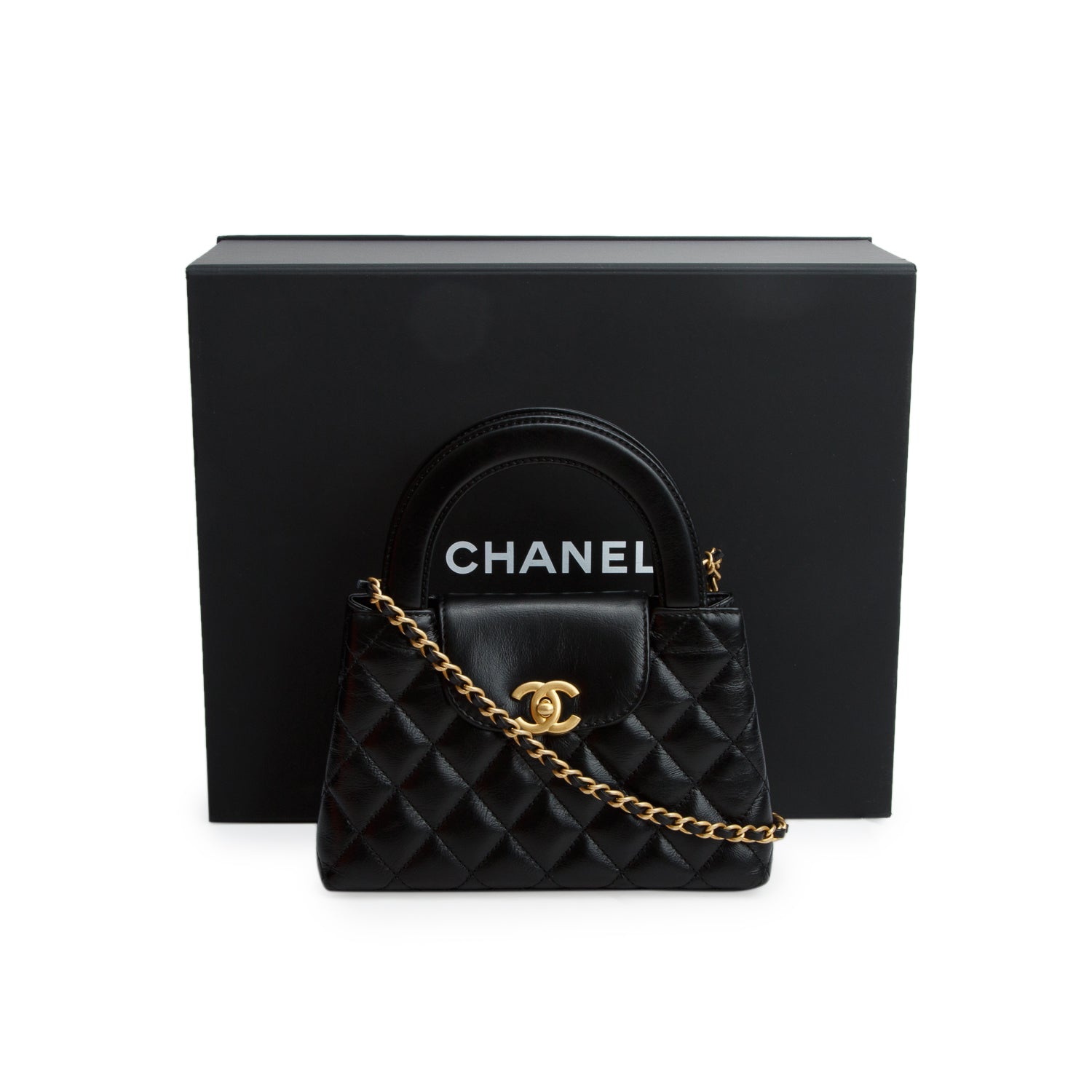 Chanel Black Shiny Aged Calfskin Quilted Nano Kelly Shopper w/ Box