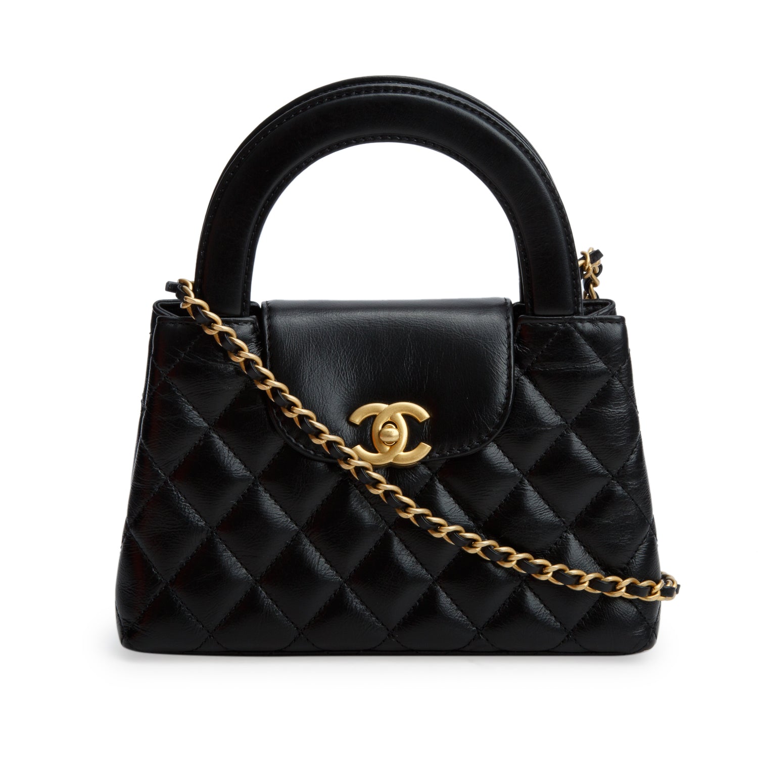 Chanel Black Shiny Aged Calfskin Quilted Nano Kelly Shopper w/ Box