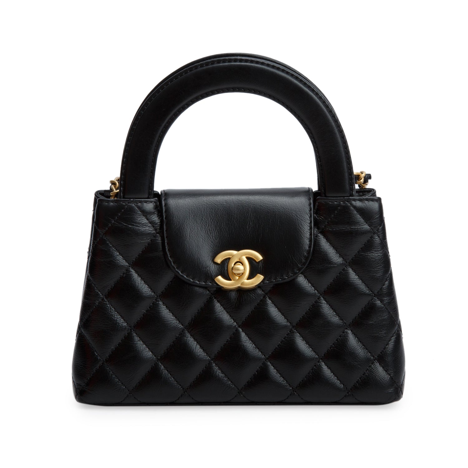 Chanel Black Shiny Aged Calfskin Quilted Nano Kelly Shopper w/ Box