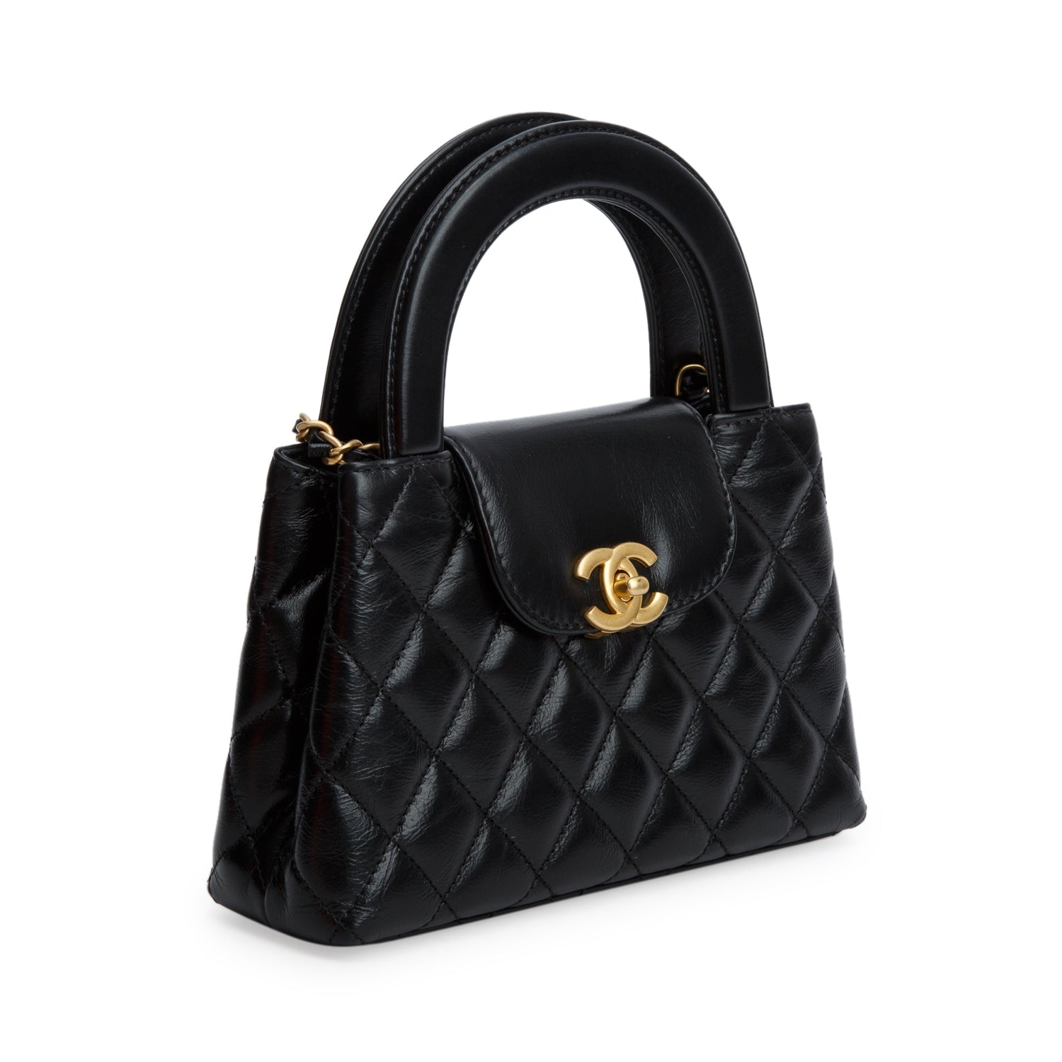 Chanel Black Shiny Aged Calfskin Quilted Nano Kelly Shopper w/ Box