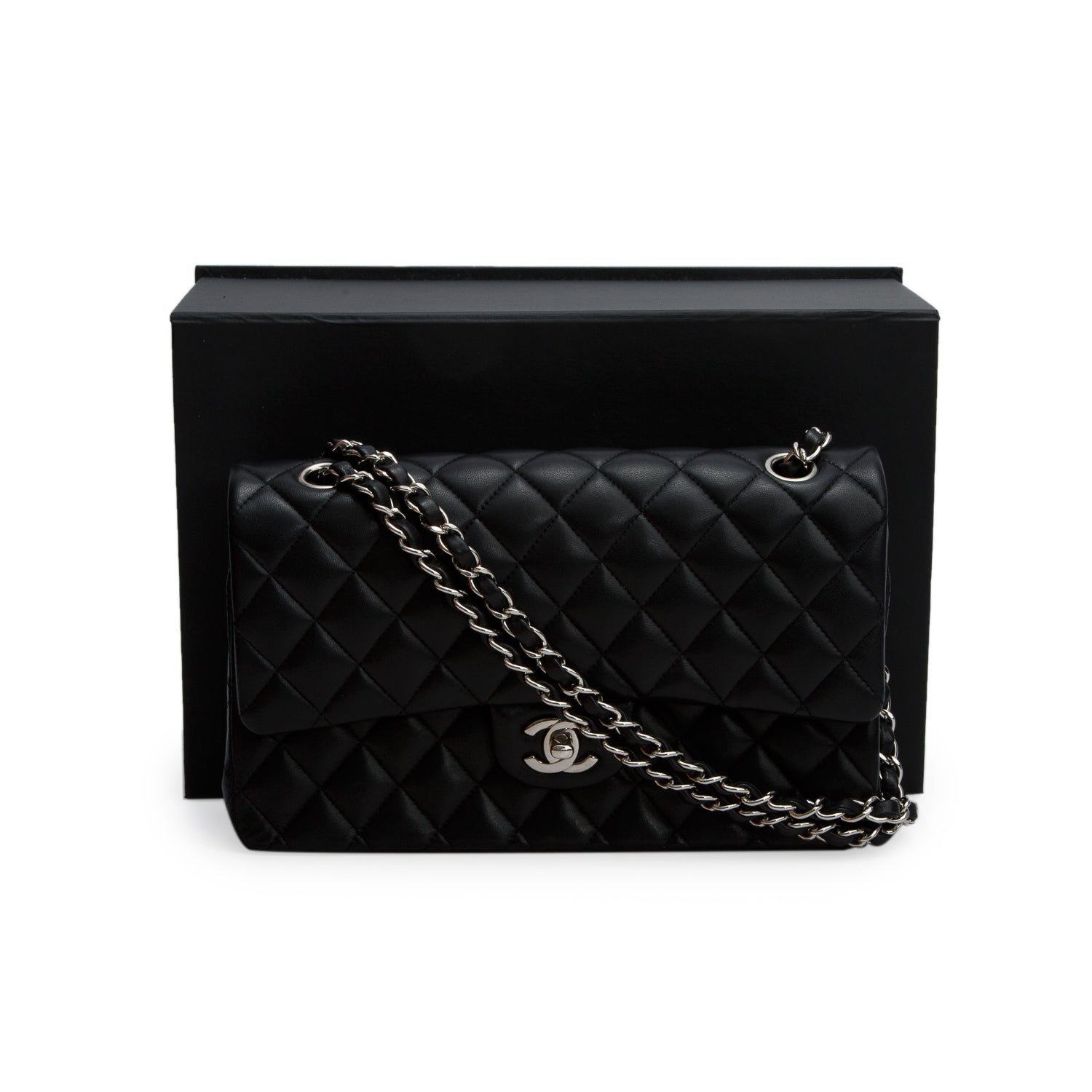 Chanel Black Quilted Lambskin Leather Classic Medium Double Flap Bag w/ Box, Authenticity Card & Receipt