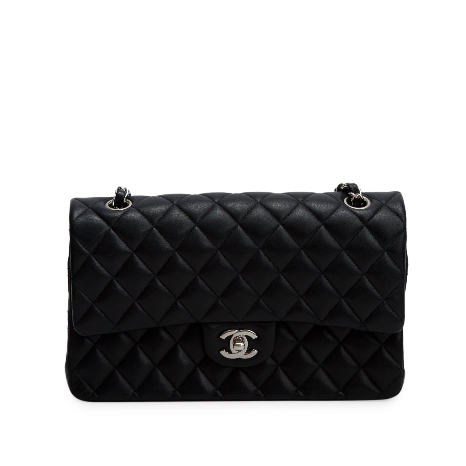 Chanel Black Quilted Lambskin Leather Classic Medium Double Flap Bag w/ Box, Authenticity Card & Receipt