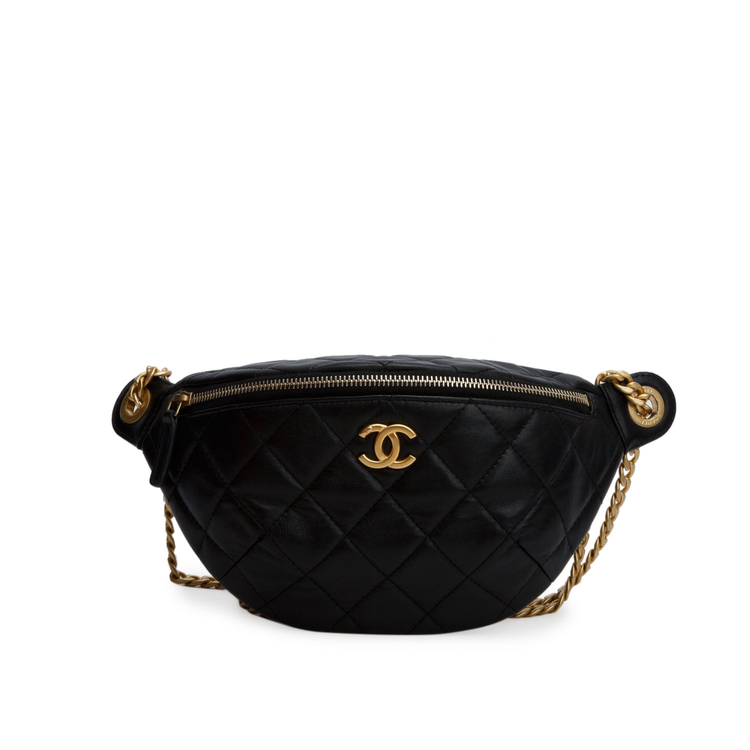 Chanel Black Lambskin Quilted Camellia Belt Bag w/ Box