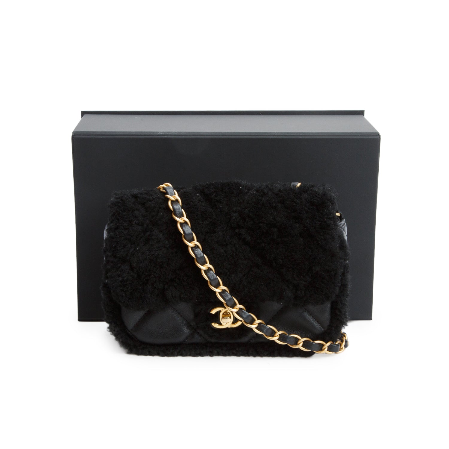 Chanel Black Shearling Lambskin Quilted Mini Furry Coco Flap w/ Box