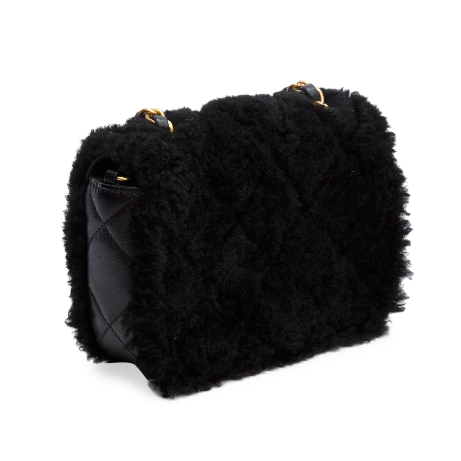 Chanel Black Shearling Lambskin Quilted Mini Furry Coco Flap w/ Box