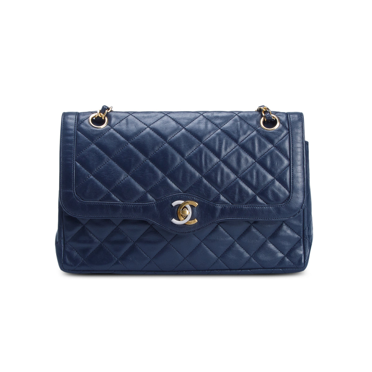 Chanel Vintage Navy Lambskin Quilted Medium Paris Double Flap