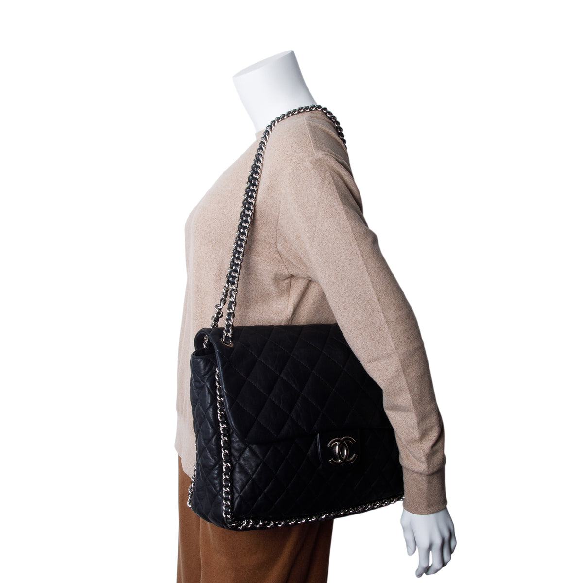 Chanel Black Quilted Lambskin Leather Maxi Chain Around Flap Bag w/ Authenticity Card
