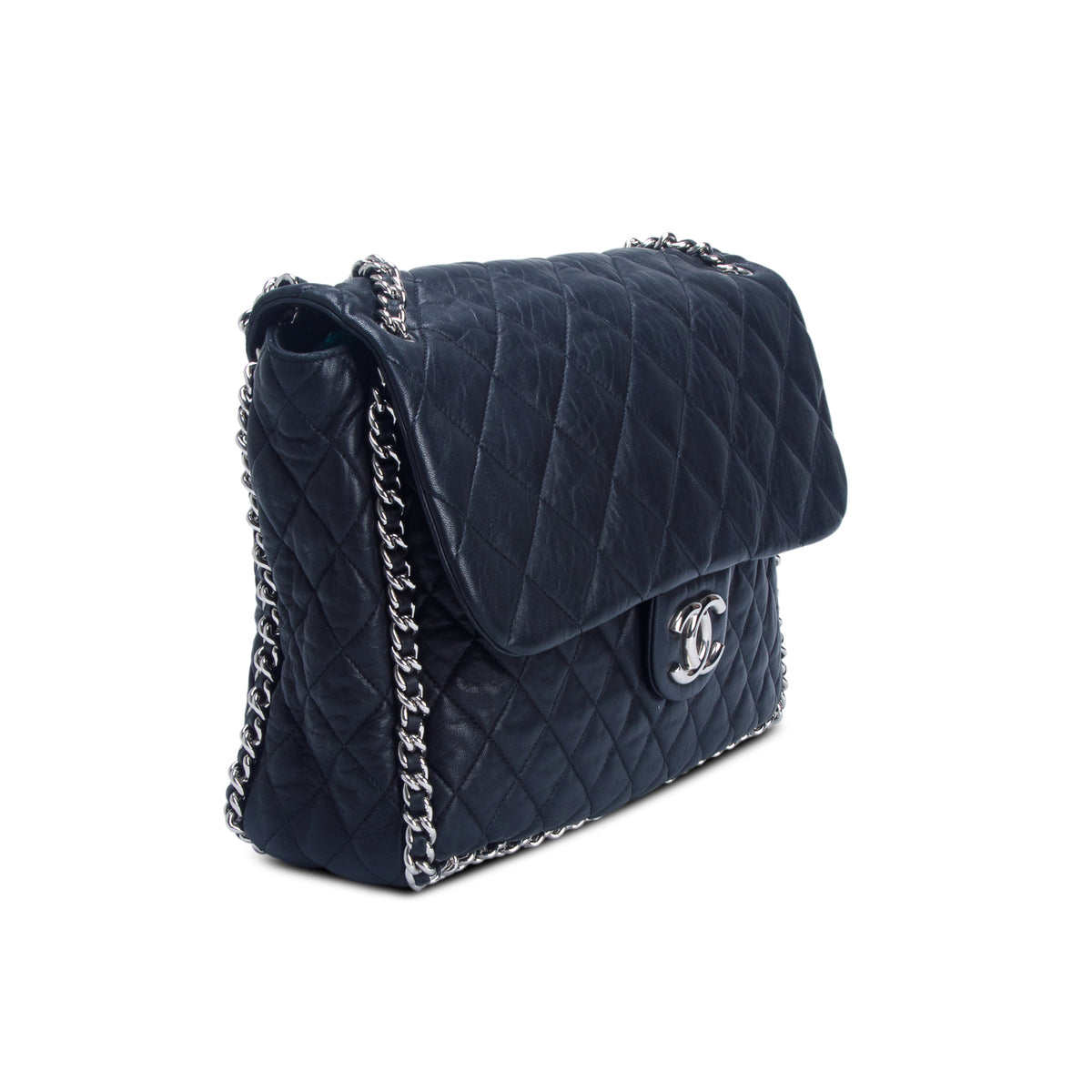 Chanel Black Quilted Lambskin Leather Maxi Chain Around Flap Bag w/ Authenticity Card