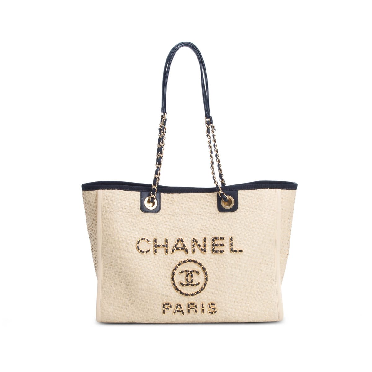 Chanel 2021 Straw Raffia Calfskin Chain Small Deauville Tote w/ Authenticity Card