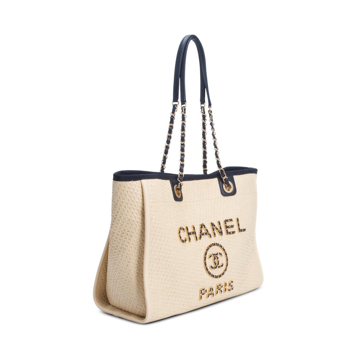 Chanel 2021 Straw Raffia Calfskin Chain Small Deauville Tote w/ Authenticity Card