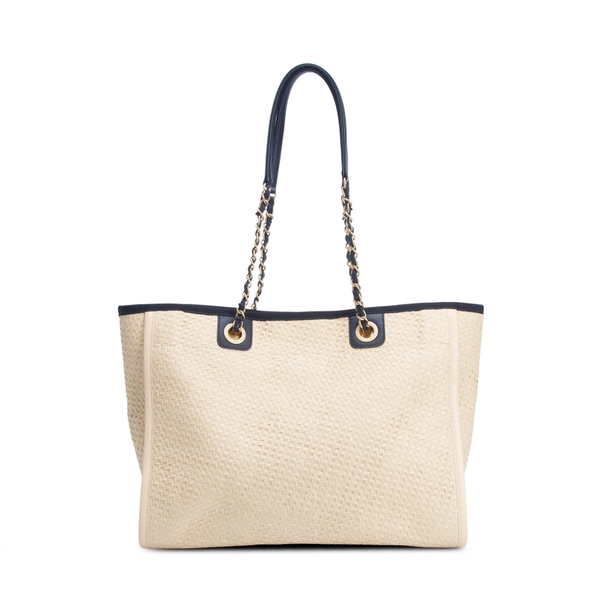Chanel 2021 Straw Raffia Calfskin Chain Small Deauville Tote w/ Authenticity Card