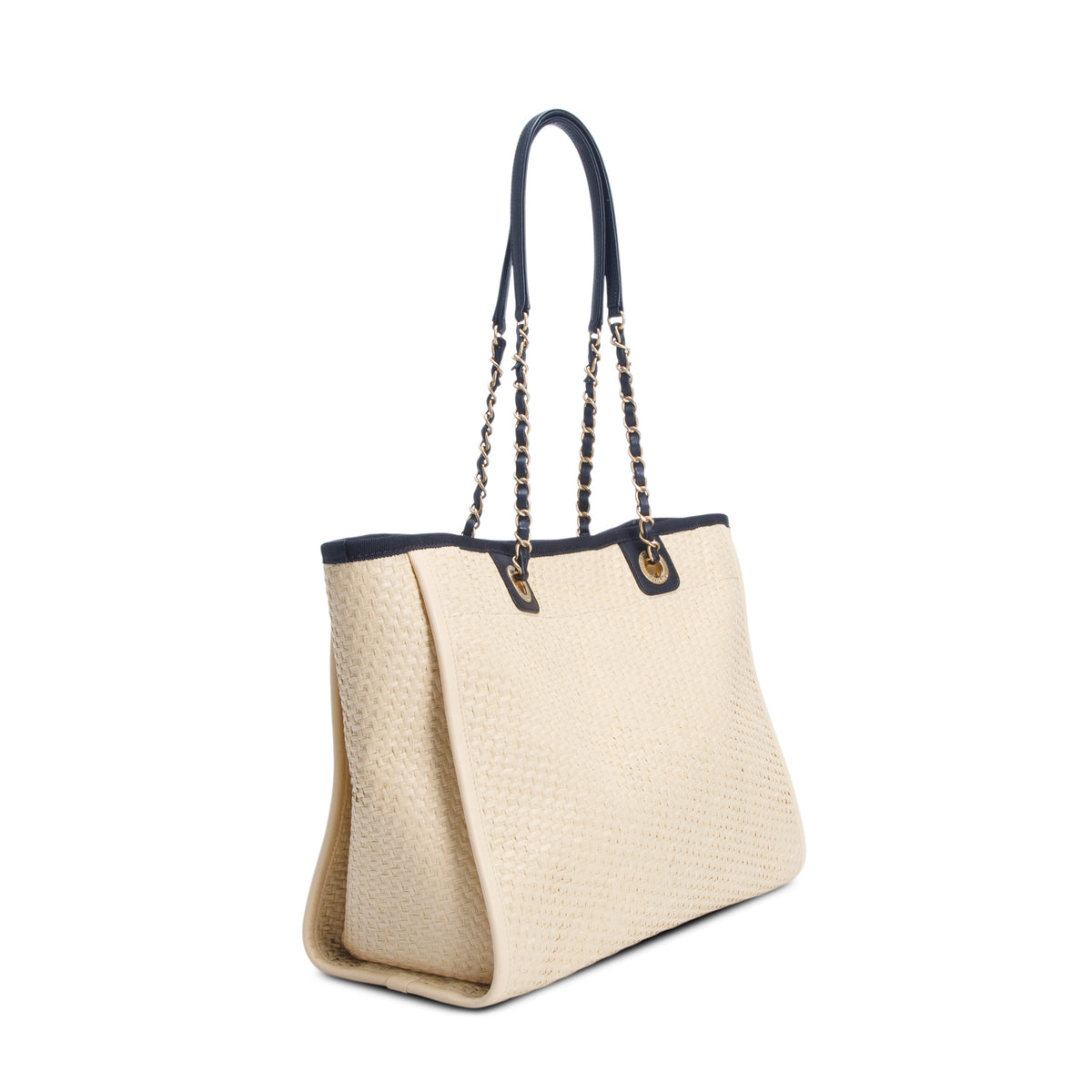 Chanel 2021 Straw Raffia Calfskin Chain Small Deauville Tote w/ Authenticity Card
