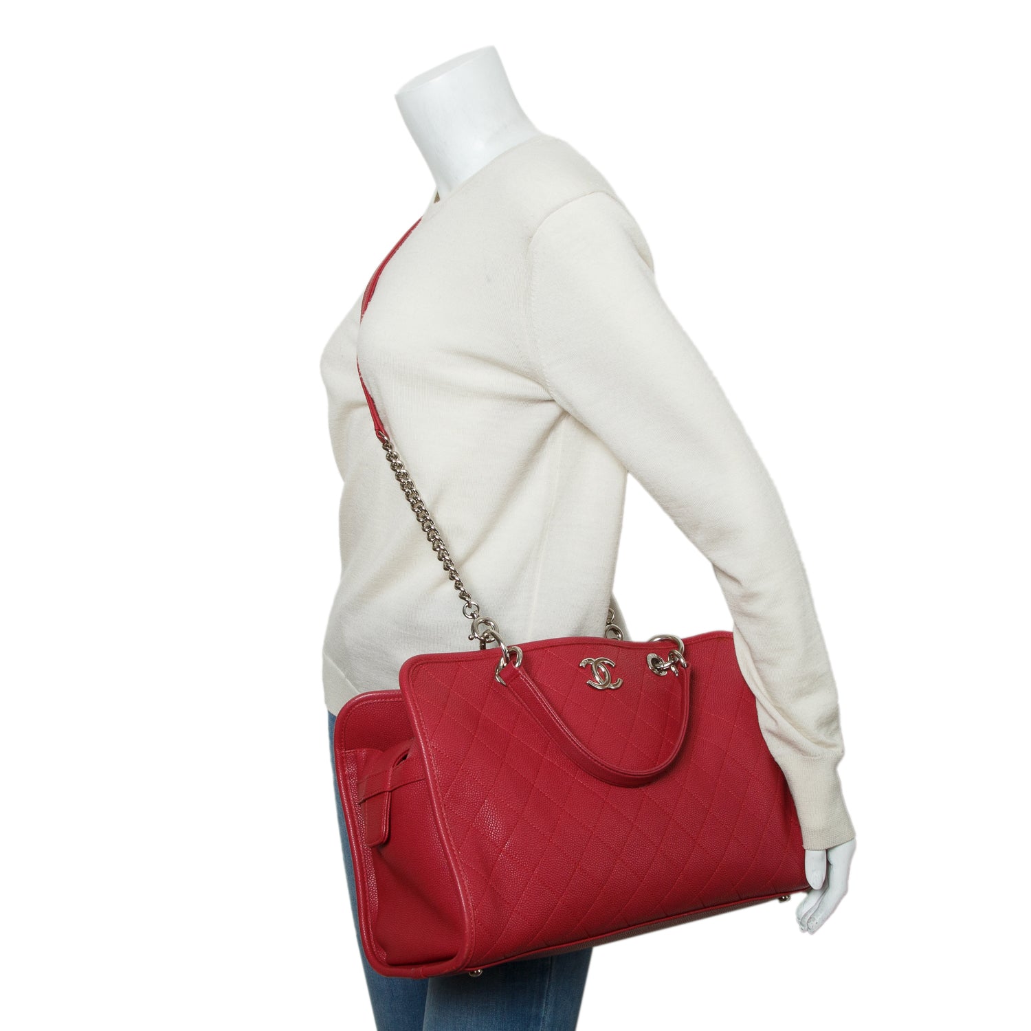 Chanel Red Caviar Quilted Large Riviera Tote w/ Authenticity Card, Pouch & Strap