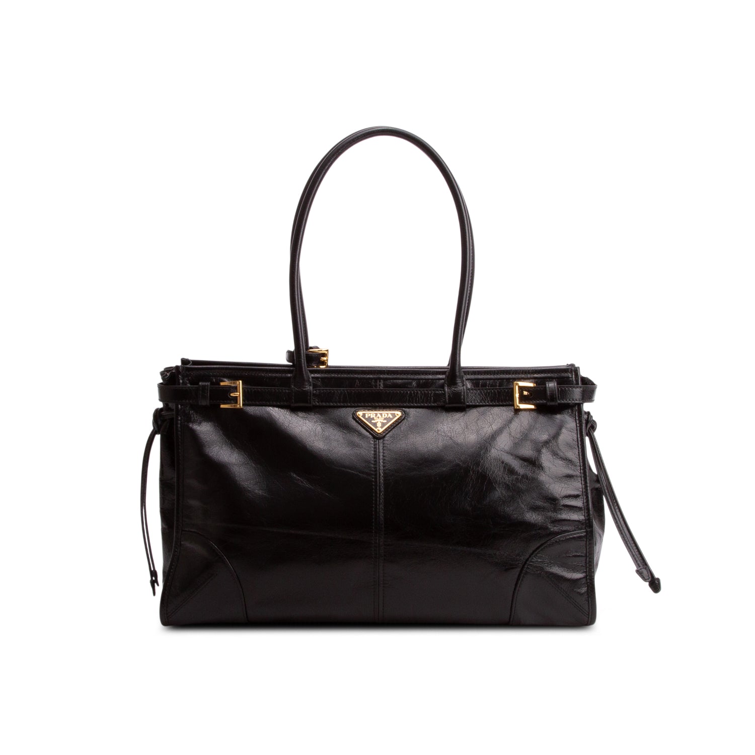 Prada Black Glossy Calfskin Triangle Large Bonnie Shoulder Bag