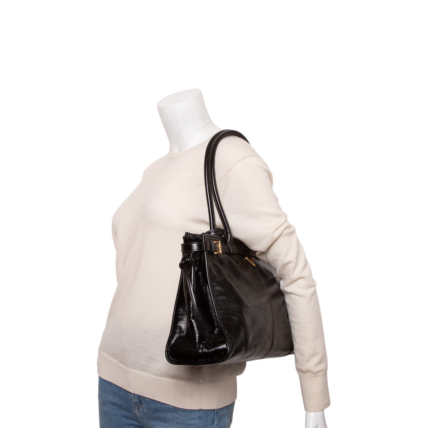 Prada Black Glossy Calfskin Triangle Large Bonnie Shoulder Bag