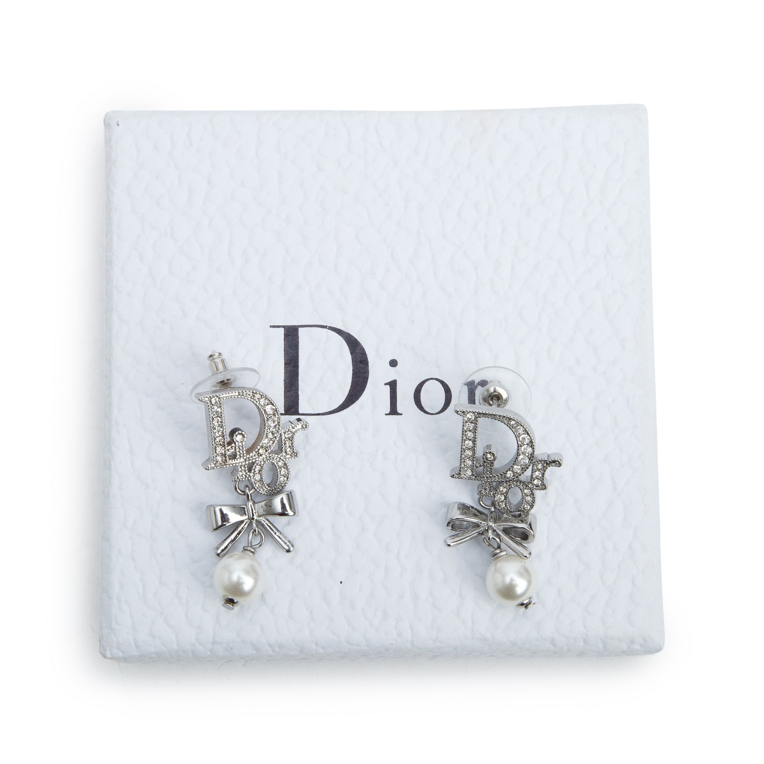 Christian Dior Bow Crystal & Faux Pearl Drop Earrings w/ Box