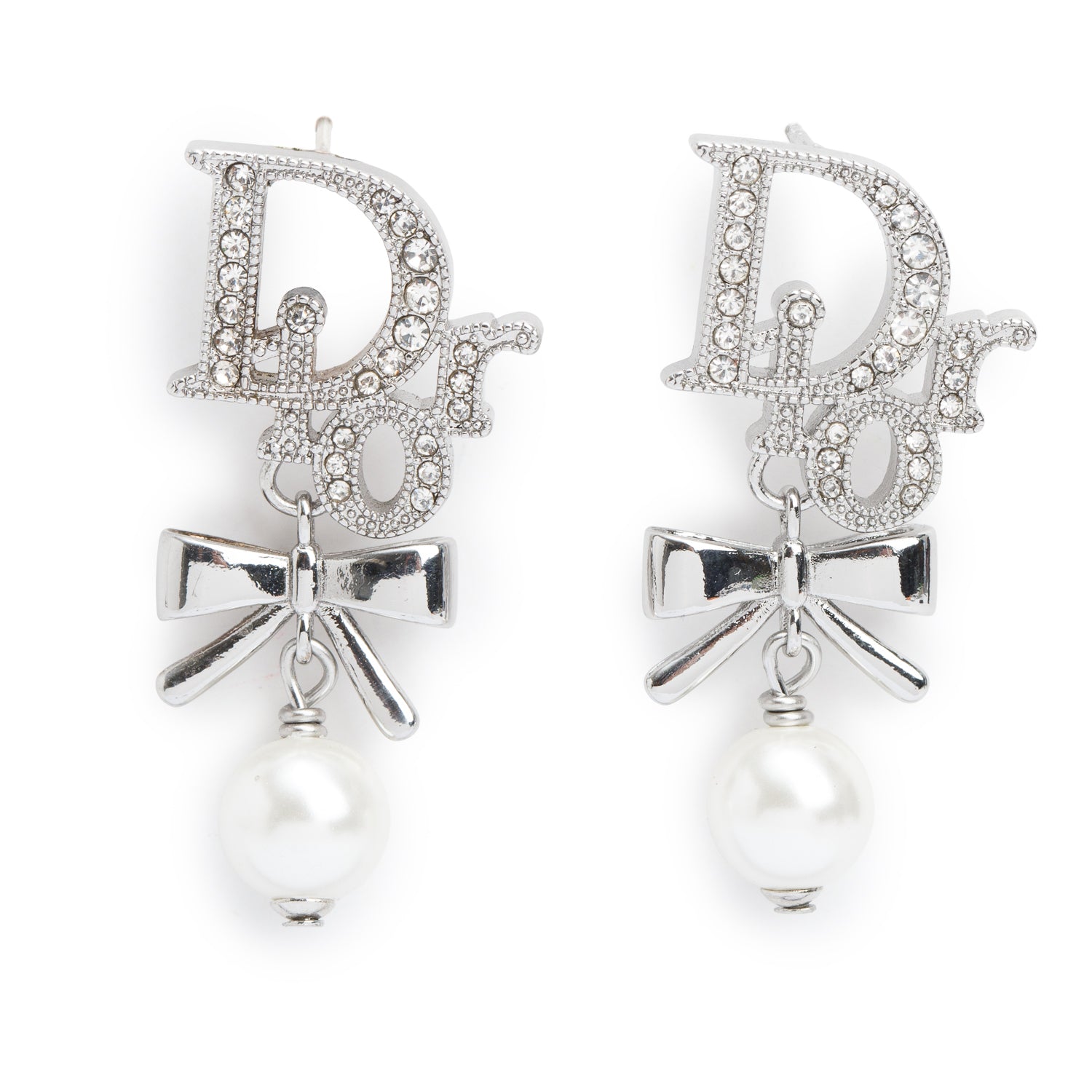 Christian Dior Bow Crystal & Faux Pearl Drop Earrings w/ Box