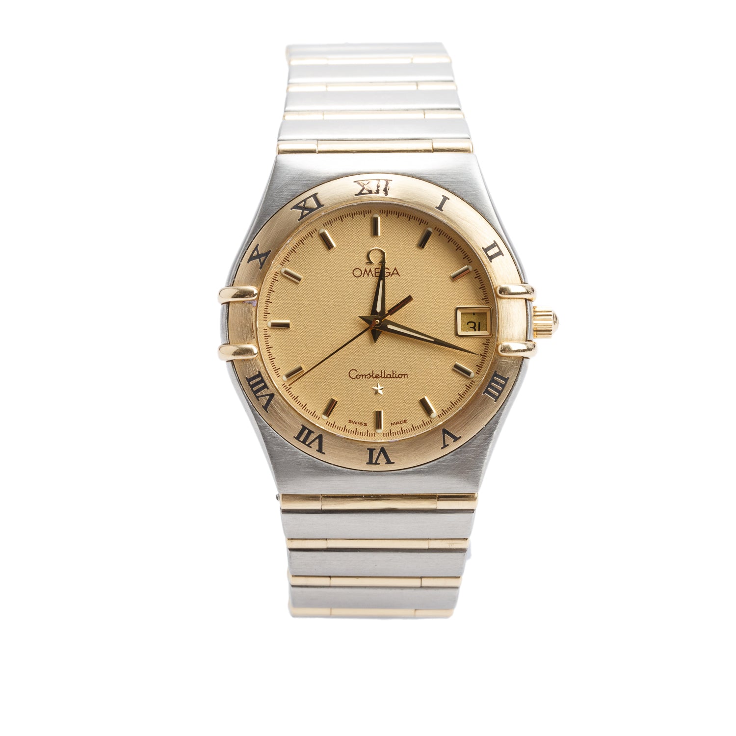 Omega Stainless Steel & 18k Yellow Gold Constellation 34 MM Quartz Watch Gold Dial w/ Box