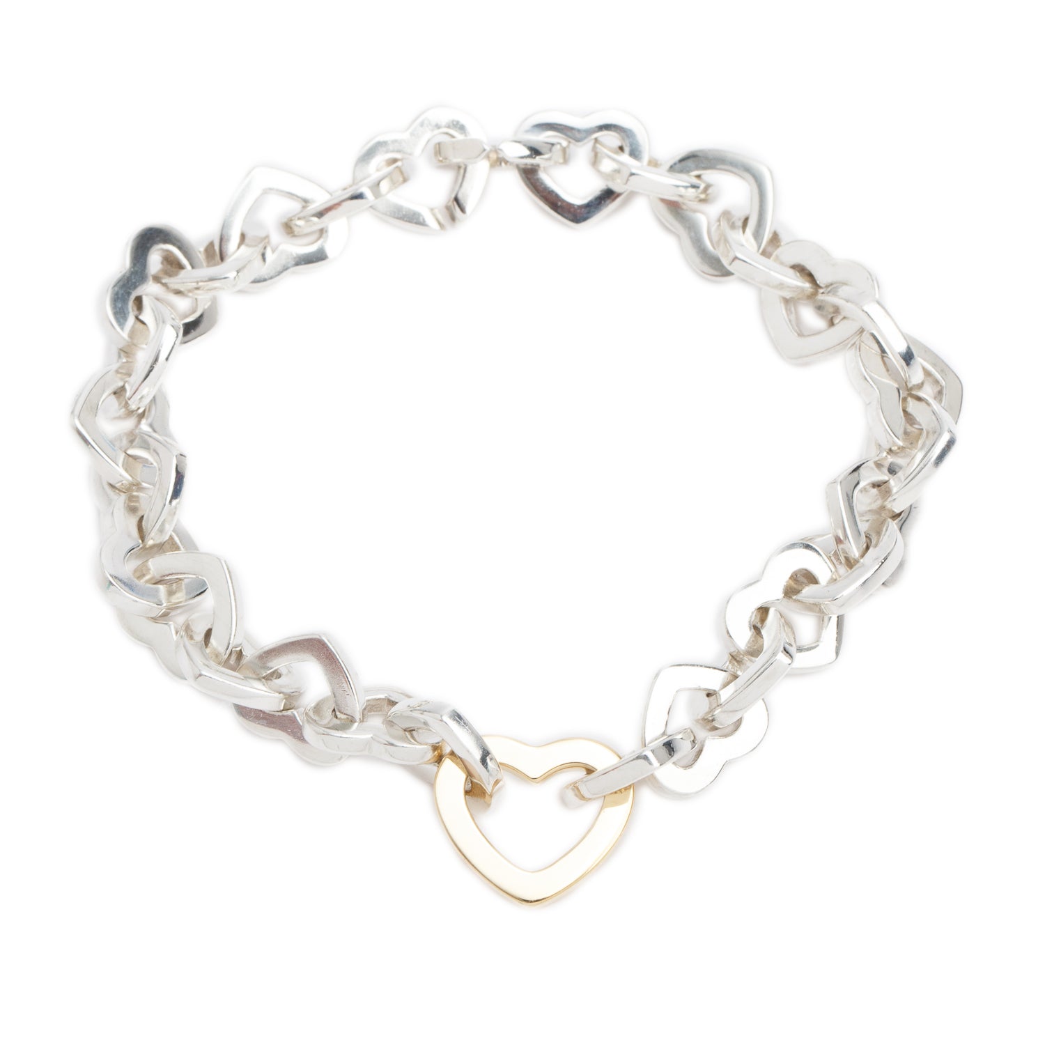 Tiffany & Co. Sterling Silver & 18k Yellow Gold Heart Link Bracelet w/ Box