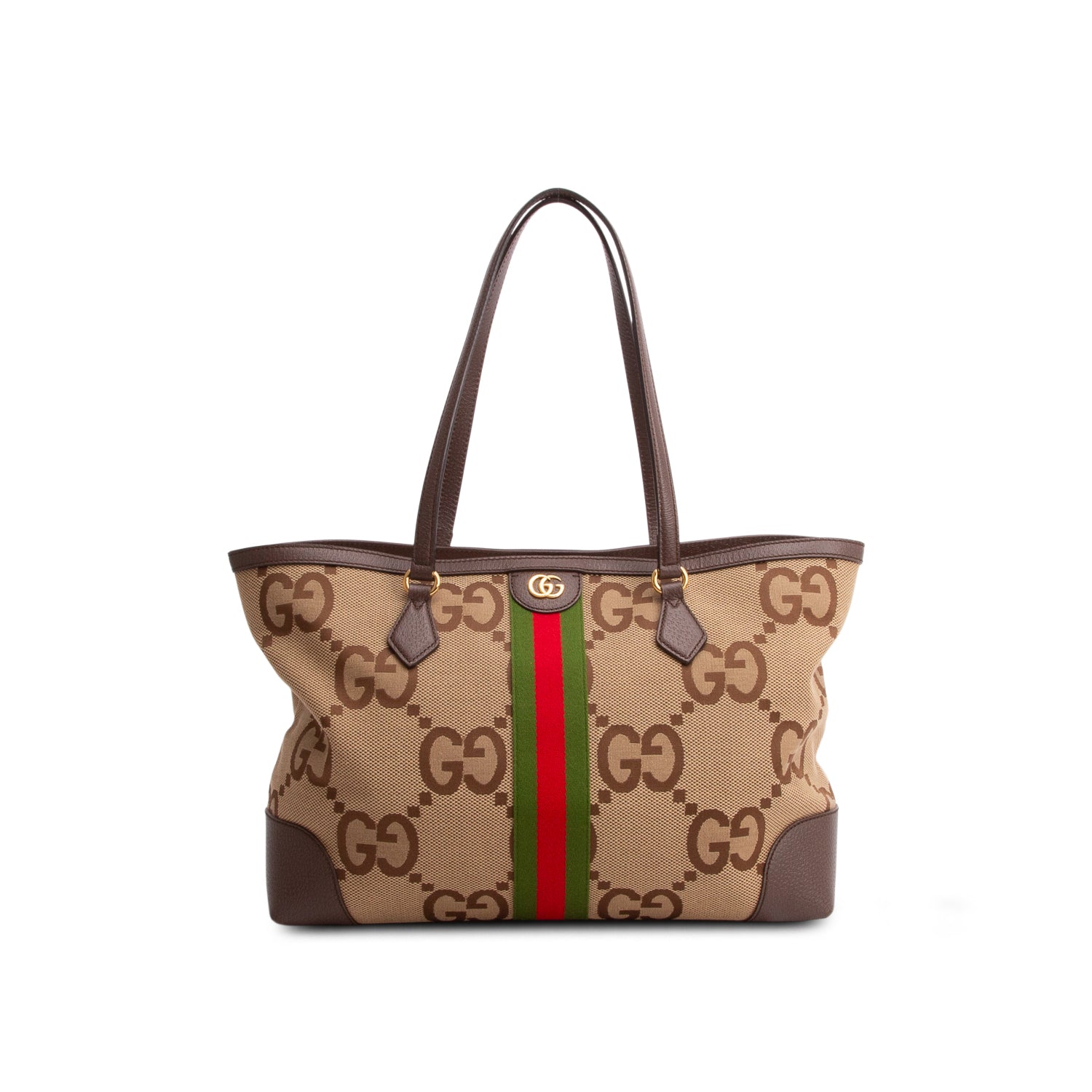 Gucci Brown Monogram Jumbo GG Textured Dollar Calfskin Medium Ophidia Shopping Tote
