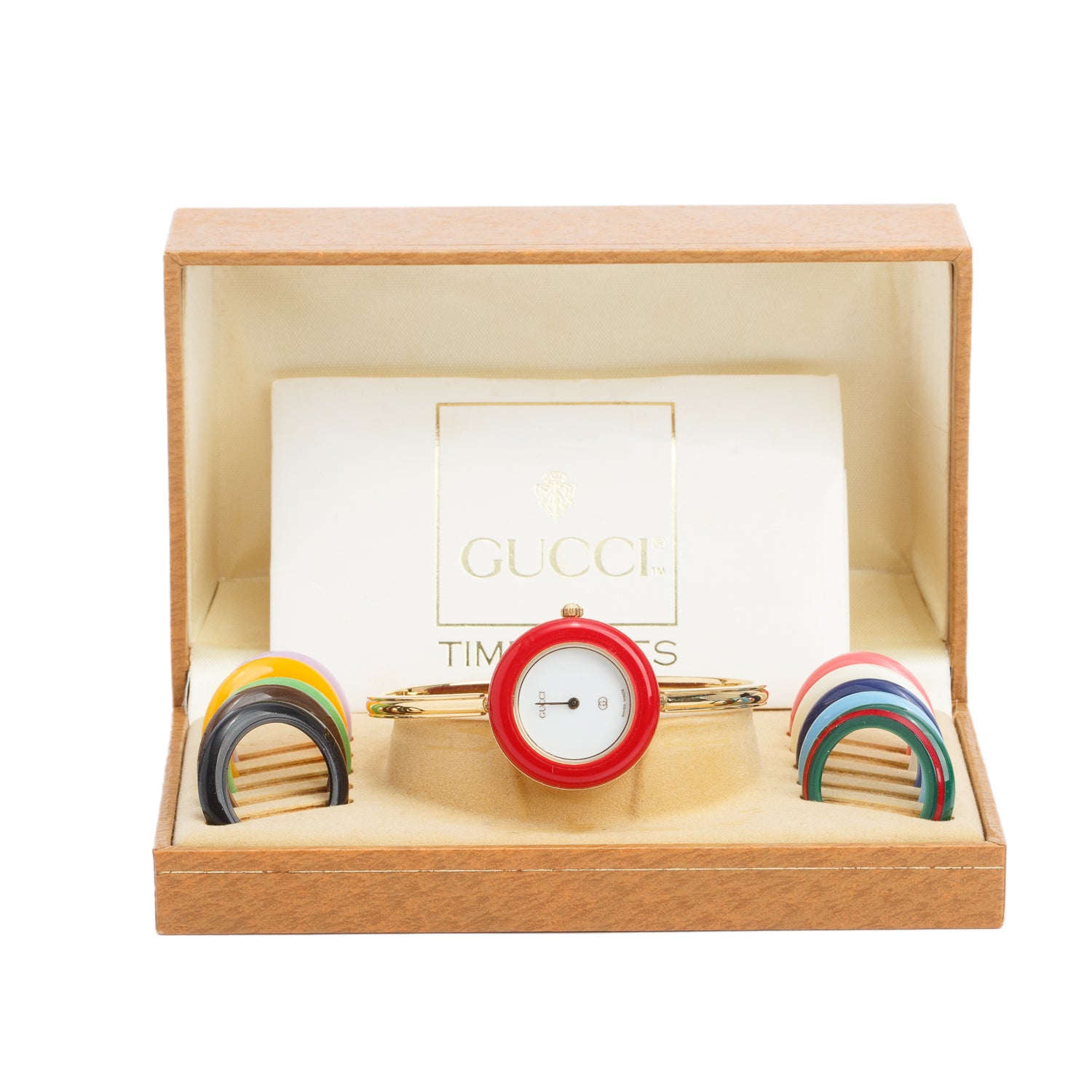Gucci Gold Plated Stainless Steel 1100 Series 26 MM Watch White Dial w/ Box, Papers & 12 Multicolour Bezels