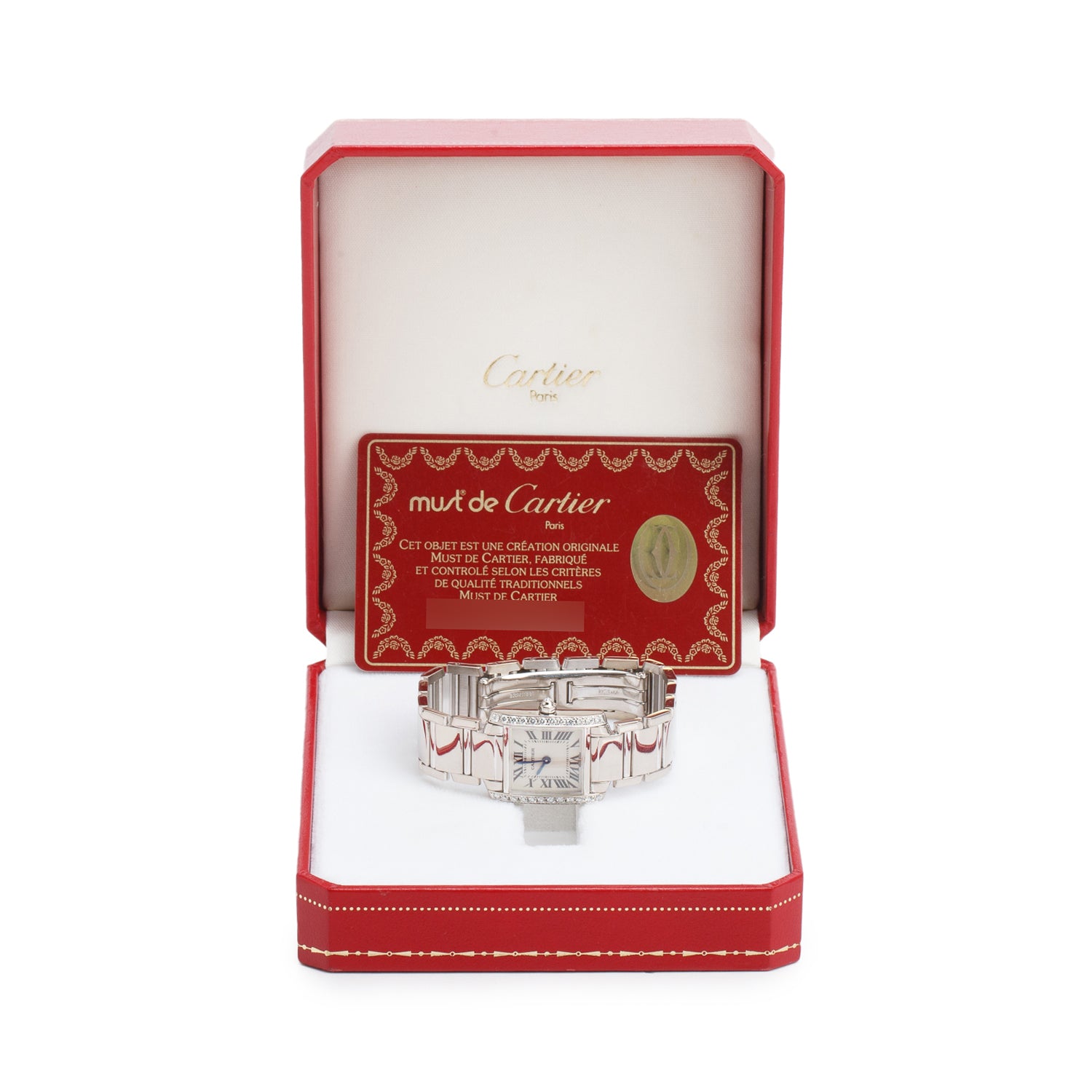 Cartier 18k White Gold Diamond Bezel Tank Francaise Watch 2403 w/ Box & Papers