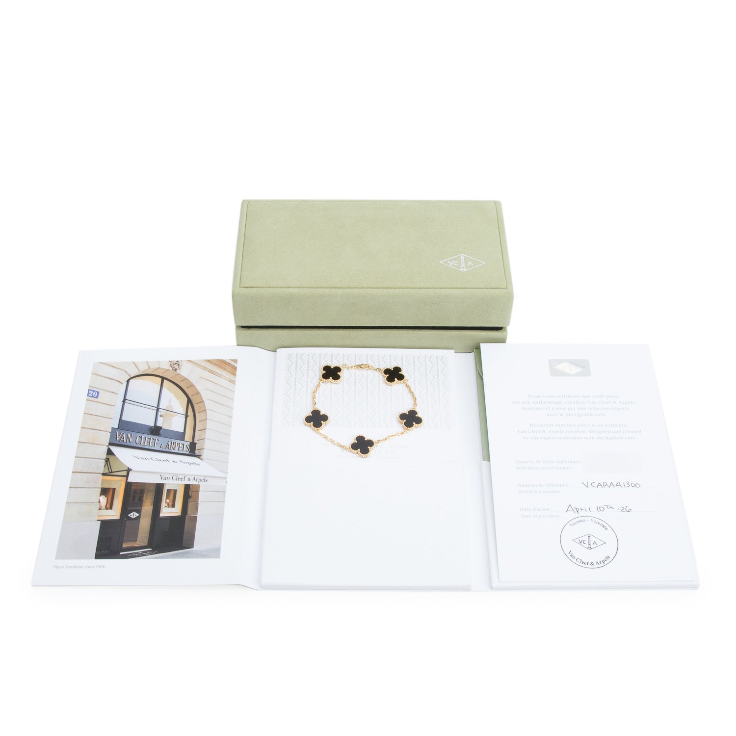 Van Cleef & Arpels 2026 18k Yellow Gold Vintage Alhambra 5 Motif Onyx Bracelet w/ Box, Receipt & Certificate