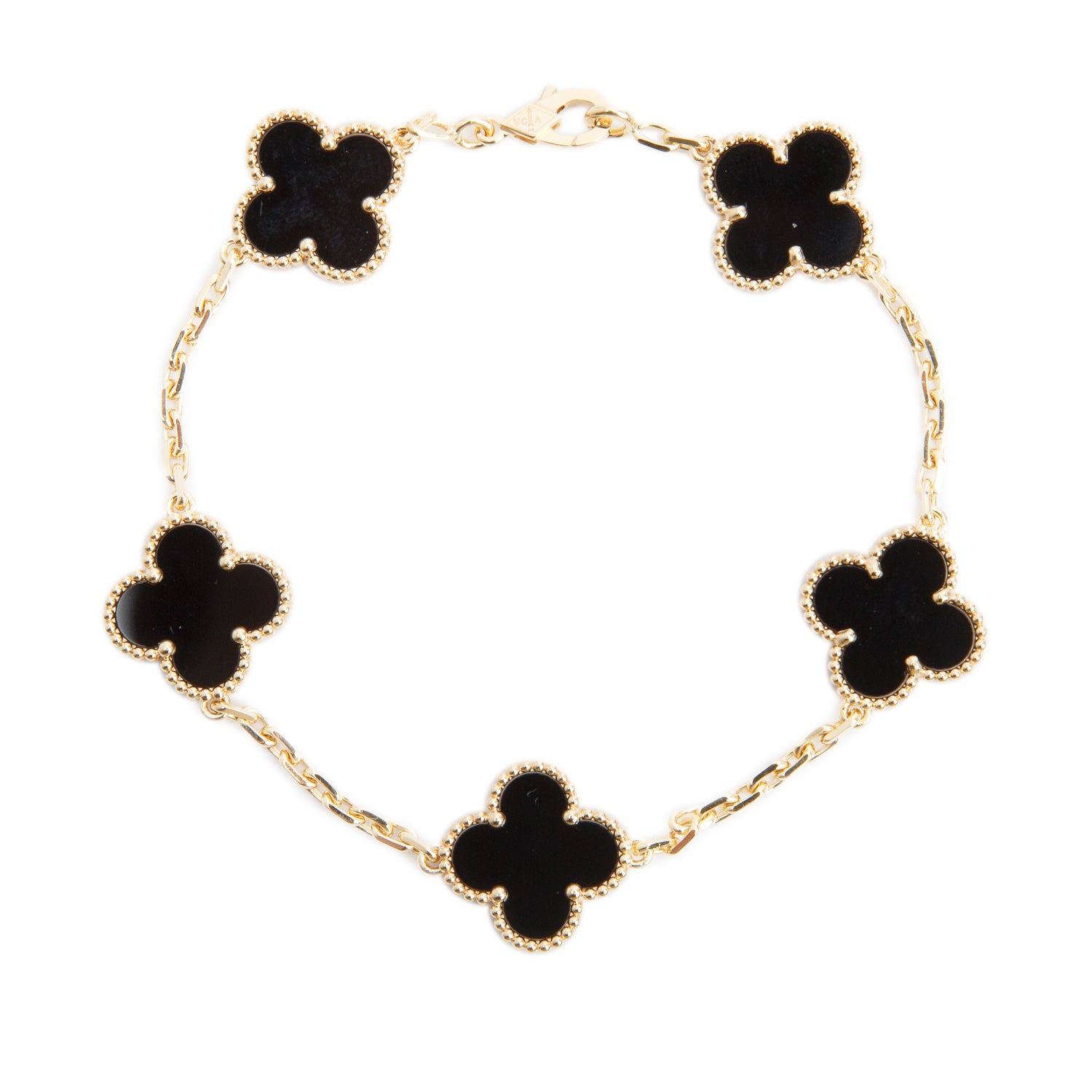 Van Cleef & Arpels 2026 18k Yellow Gold Vintage Alhambra 5 Motif Onyx Bracelet w/ Box, Receipt & Certificate
