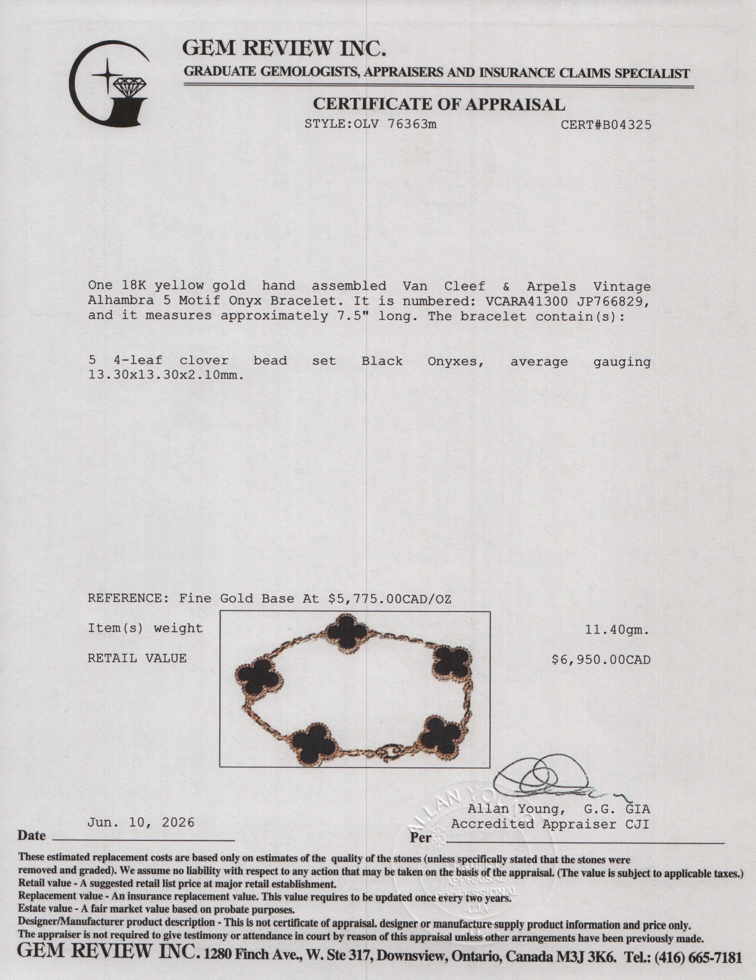 Van Cleef & Arpels 2026 18k Yellow Gold Vintage Alhambra 5 Motif Onyx Bracelet w/ Box, Receipt & Certificate