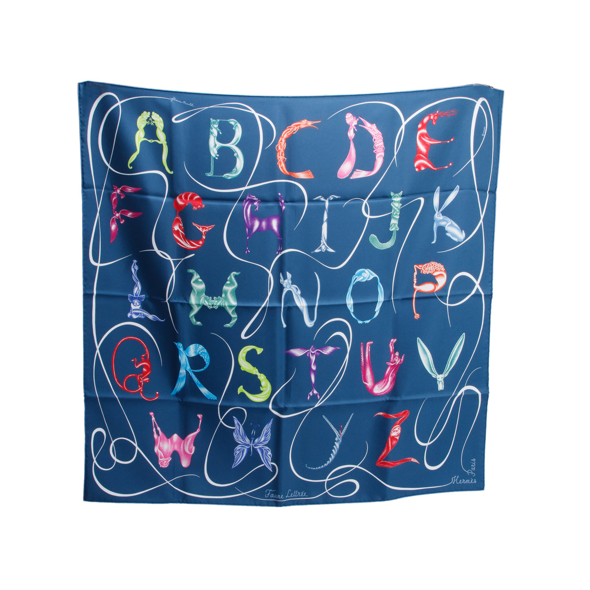 Hermes Blue & Multicolor 'Faune Lettre' Silk Scarf 90 w/ Box