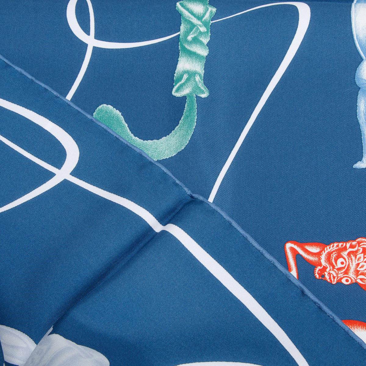 Hermes Blue & Multicolor 'Faune Lettre' Silk Scarf 90 w/ Box
