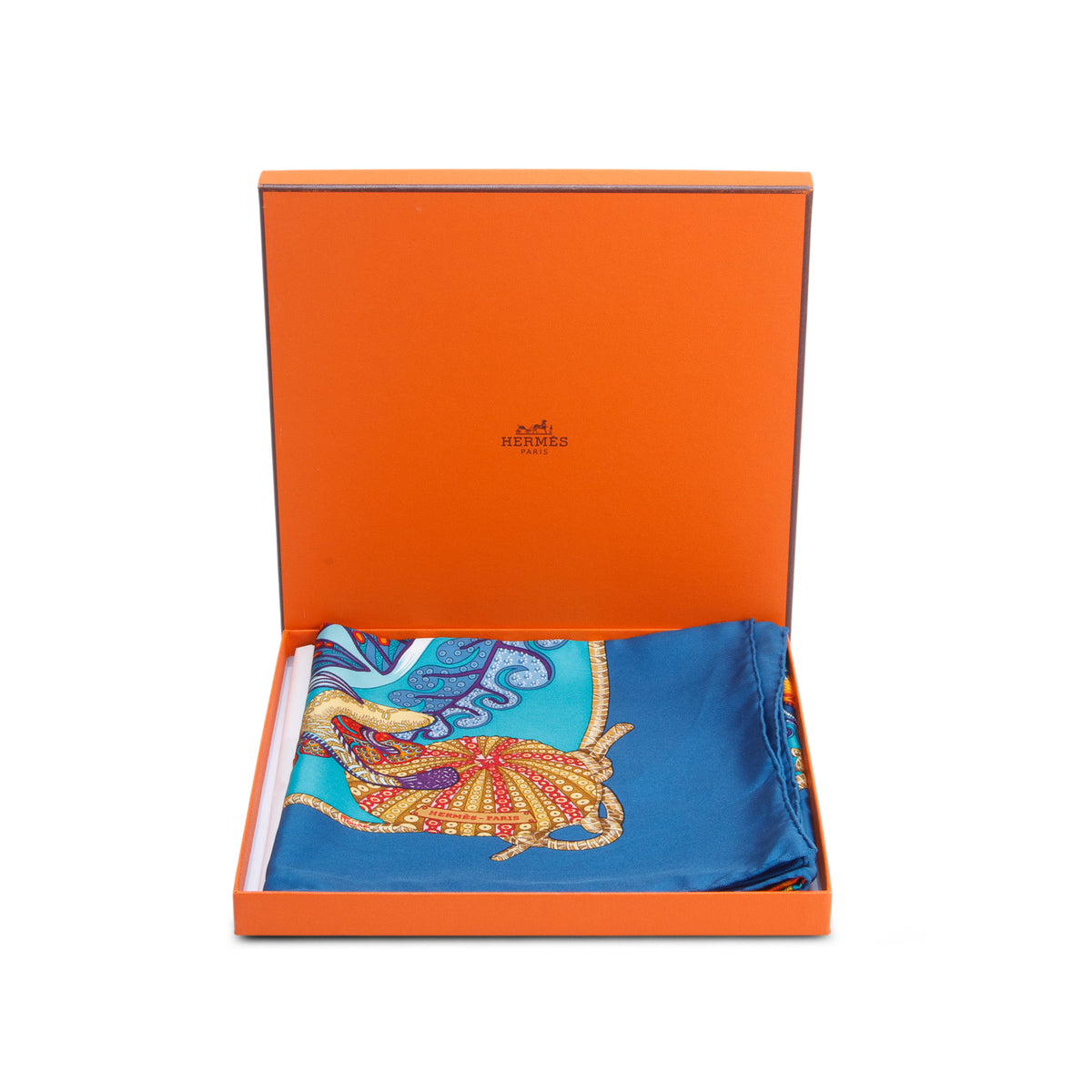 Hermes Blue & Multicolor 'Grands Fonds' Silk Scarf 90 w/ Box