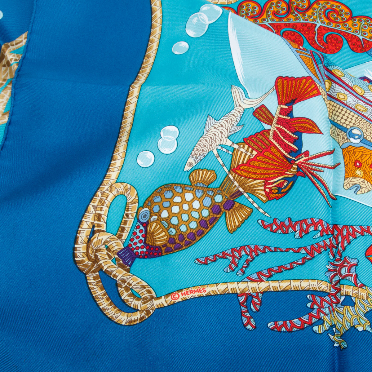 Hermes Blue & Multicolor 'Grands Fonds' Silk Scarf 90 w/ Box