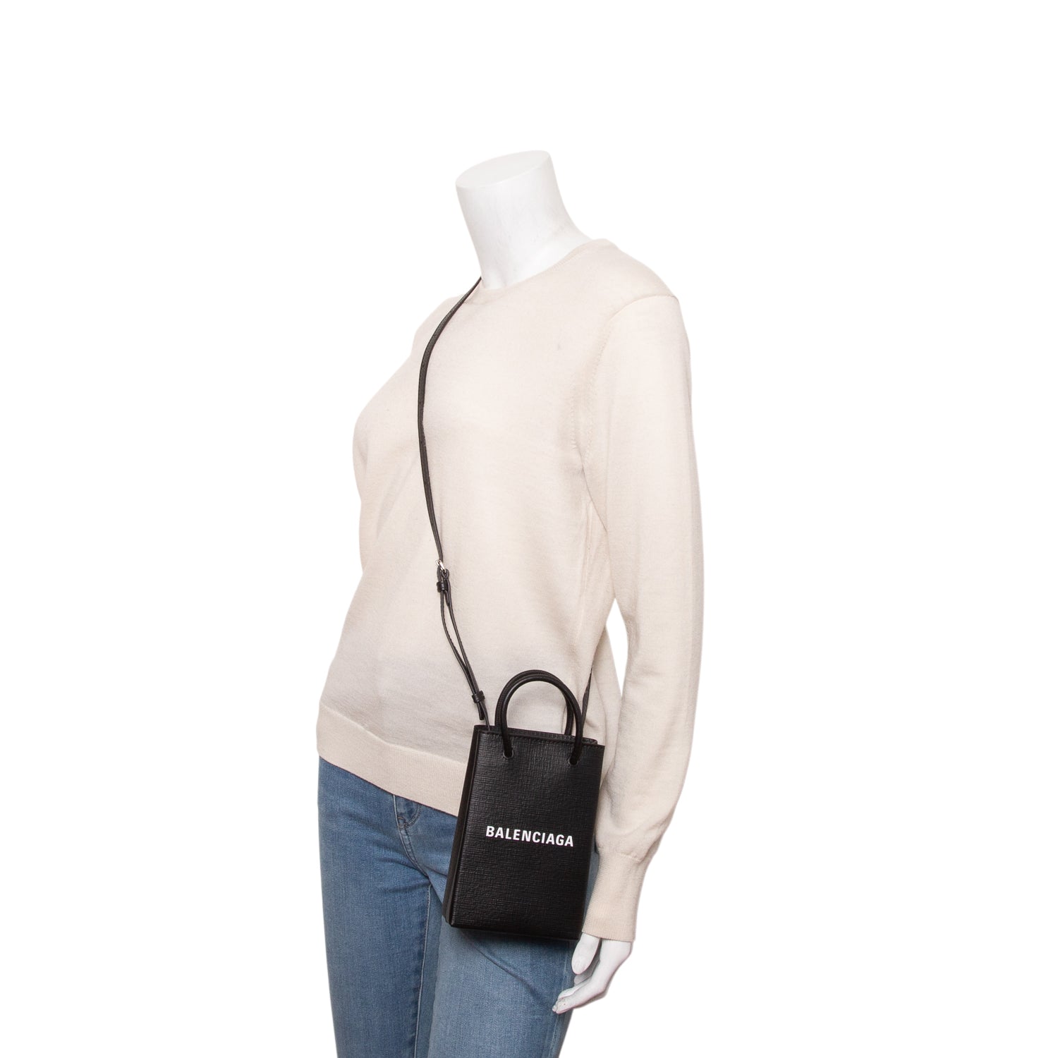 Balenciaga Black Calfskin Logo Shopping Phone Holder Bag