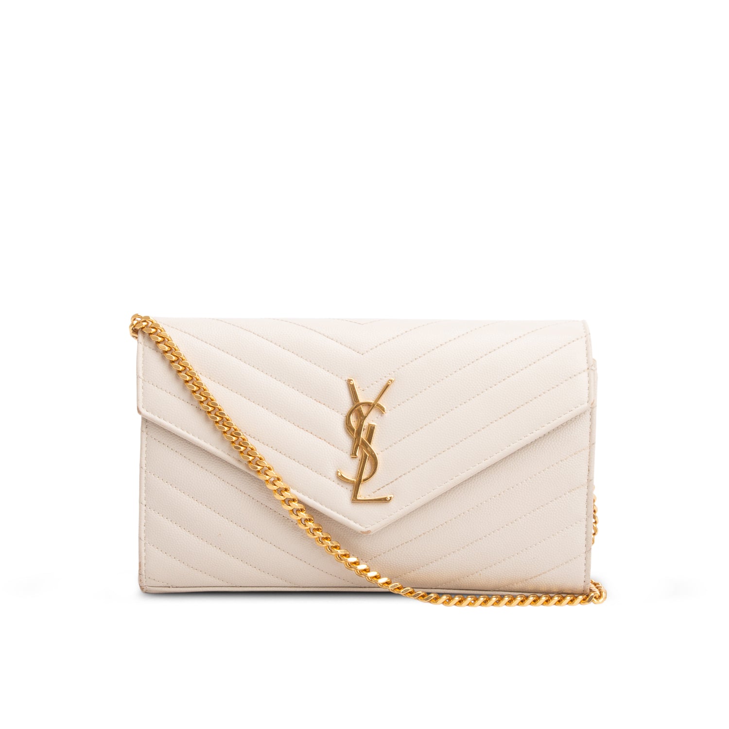 Saint Laurent 2020 Cream Grain De Poudre Chevron Cassandre Envelope Chain Wallet