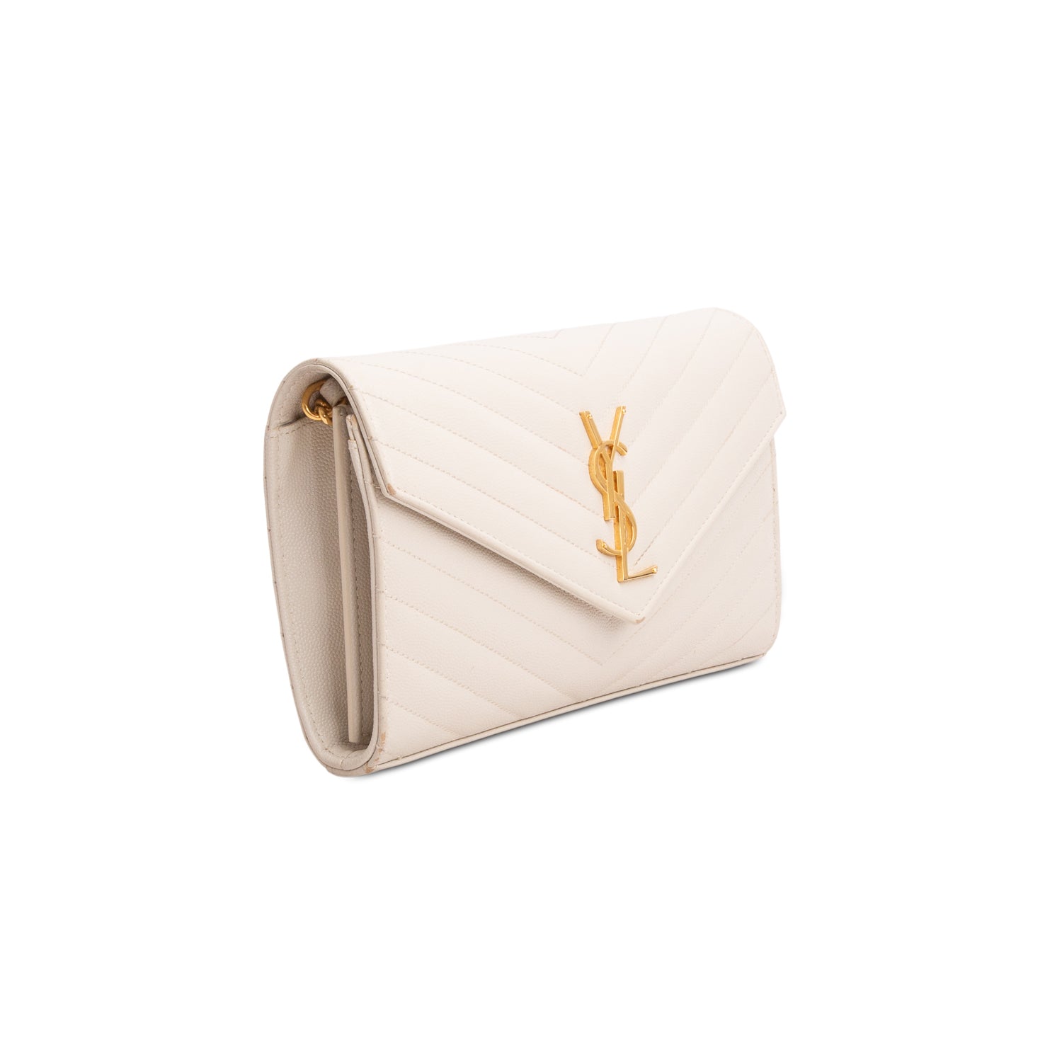 Saint Laurent 2020 Cream Grain De Poudre Chevron Cassandre Envelope Chain Wallet