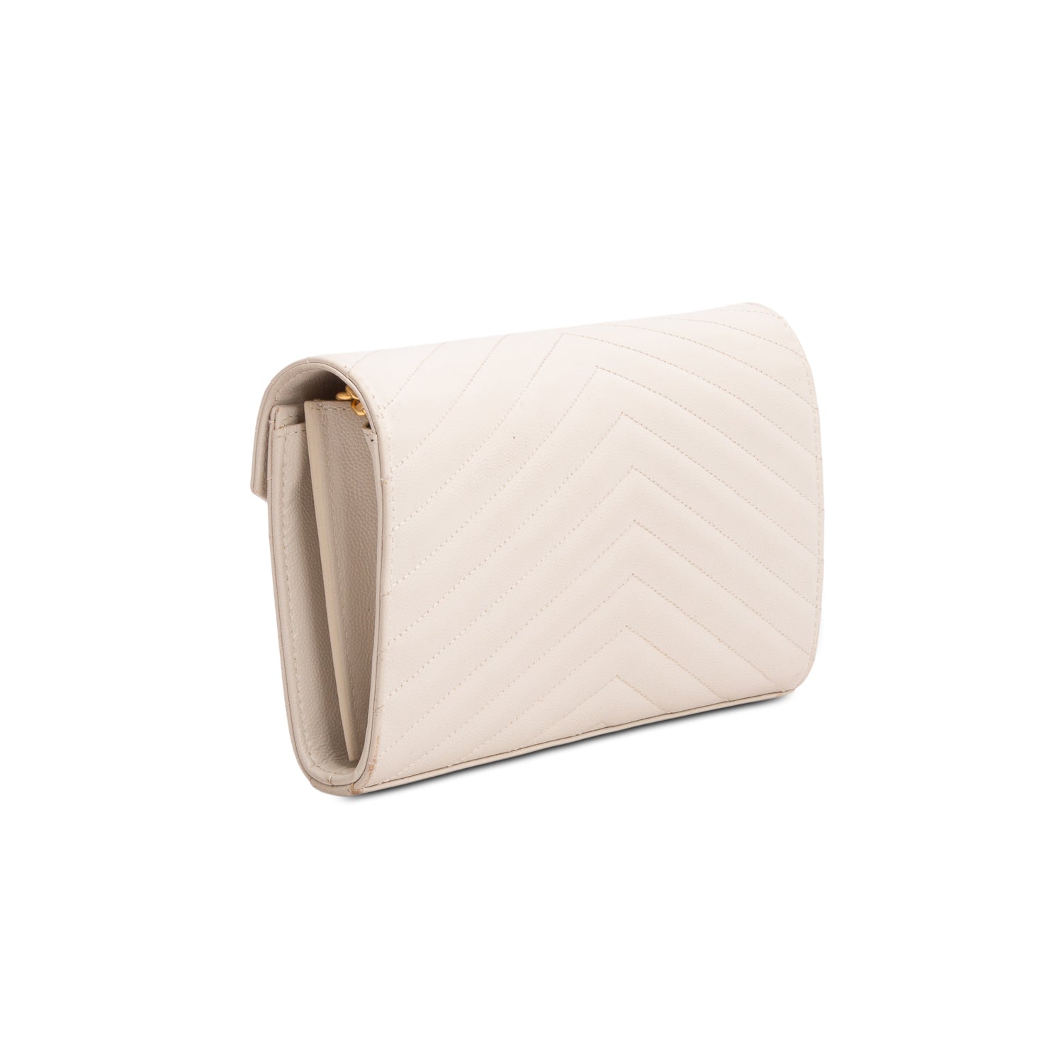 Saint Laurent 2020 Cream Grain De Poudre Chevron Cassandre Envelope Chain Wallet