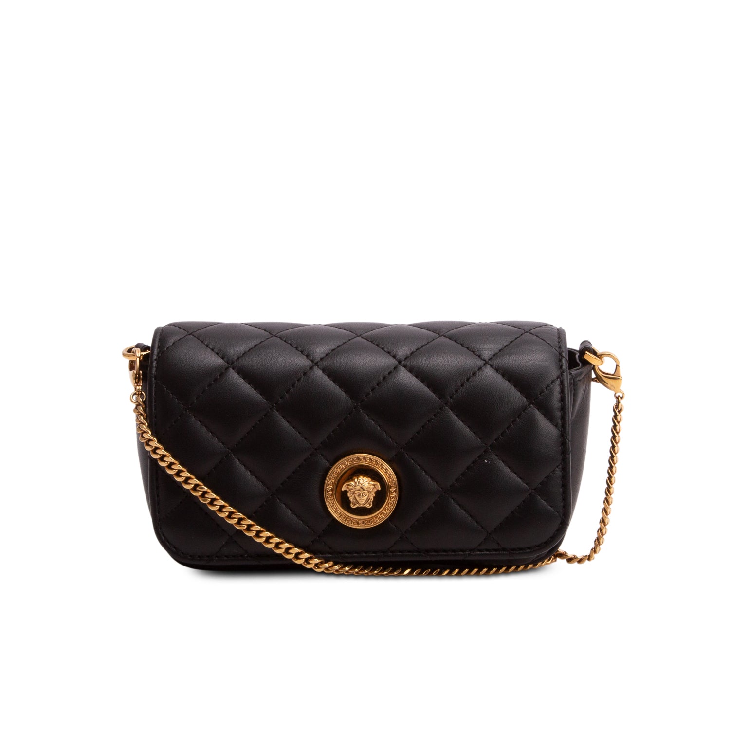 Versace Black Nappa Quilted Mini Medusa Chain Crossbody