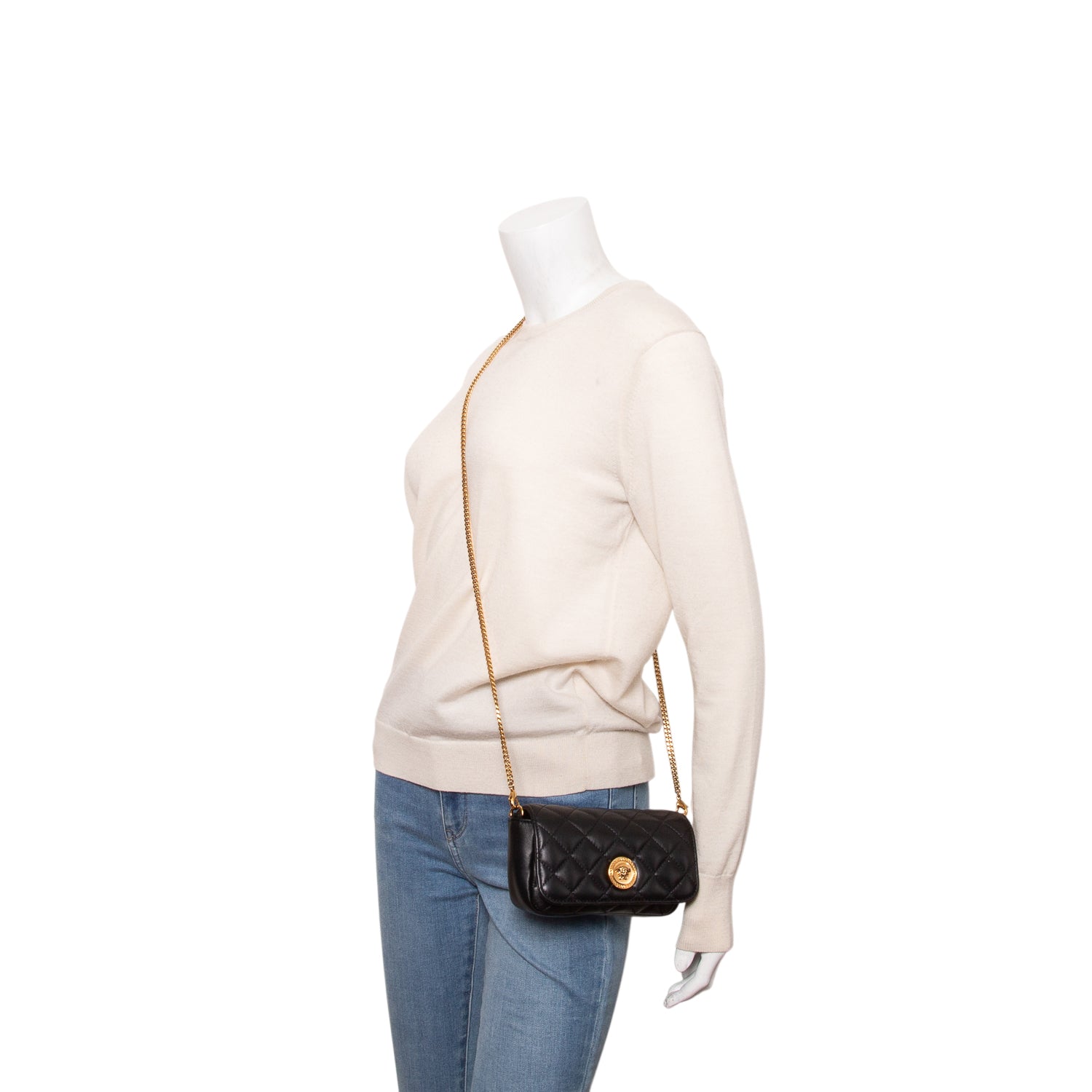 Versace Black Nappa Quilted Mini Medusa Chain Crossbody