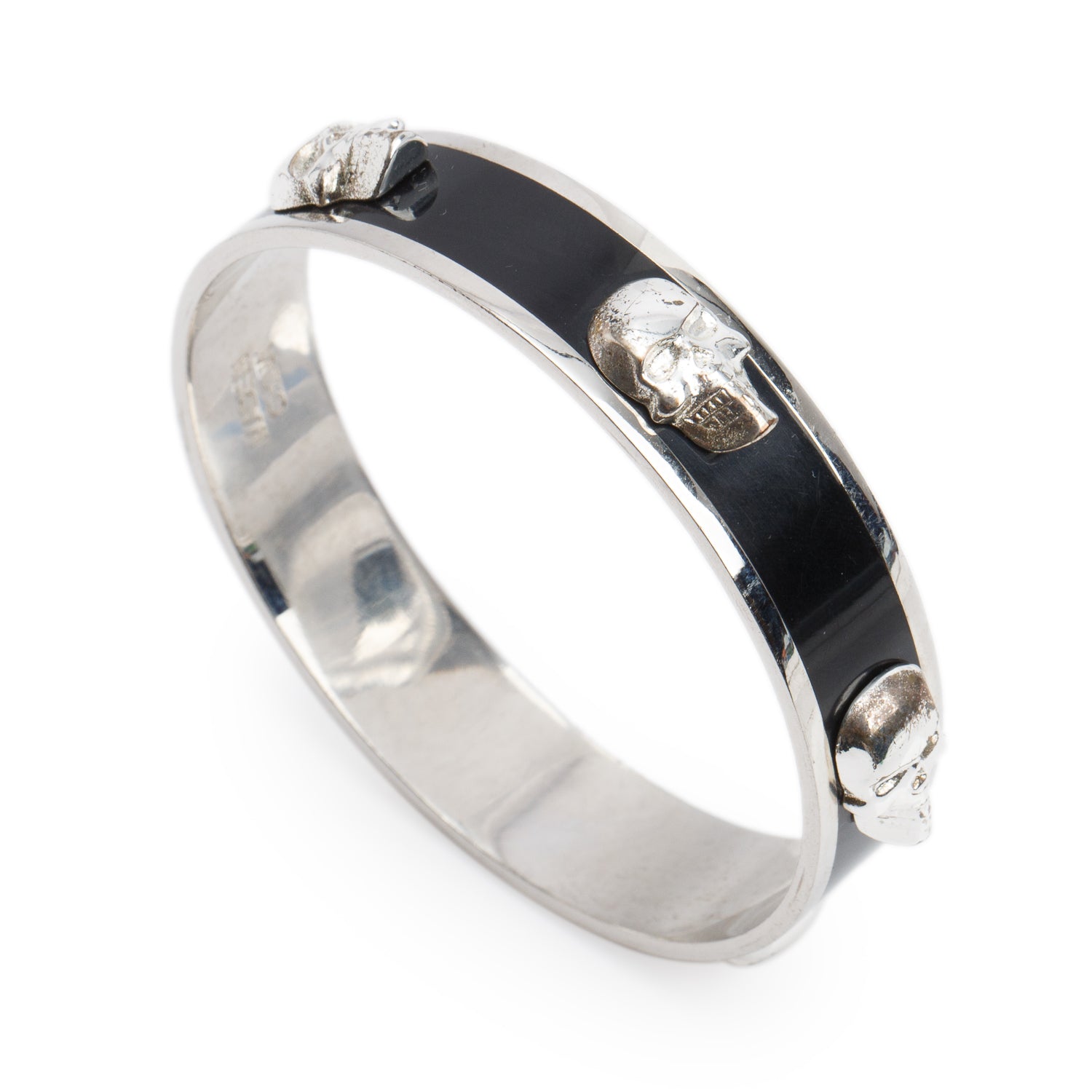 Alexander Mcqueen Silver-Tone Metal Black Enamel 3D Skull Bangle
