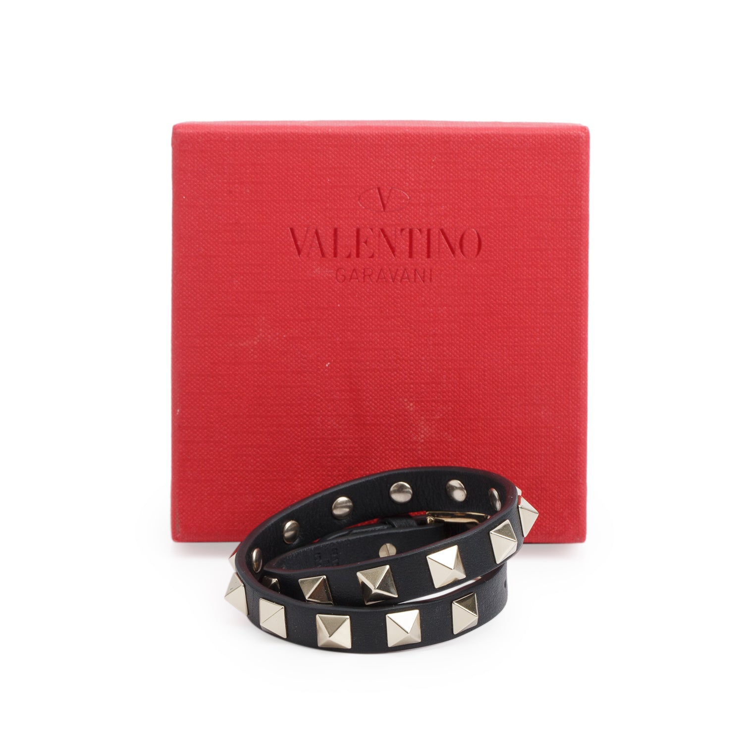 Valentino Silver Tone Metal Black Leather Rockstud Double Wrap Bracelet w/ Box