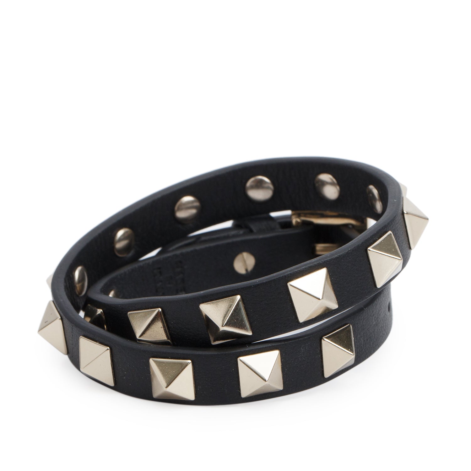 Valentino Silver Tone Metal Black Leather Rockstud Double Wrap Bracelet w/ Box