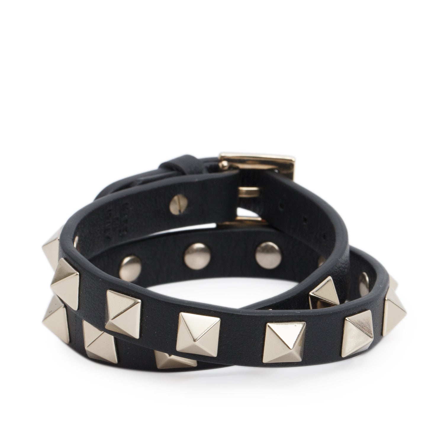 Valentino Silver Tone Metal Black Leather Rockstud Double Wrap Bracelet w/ Box