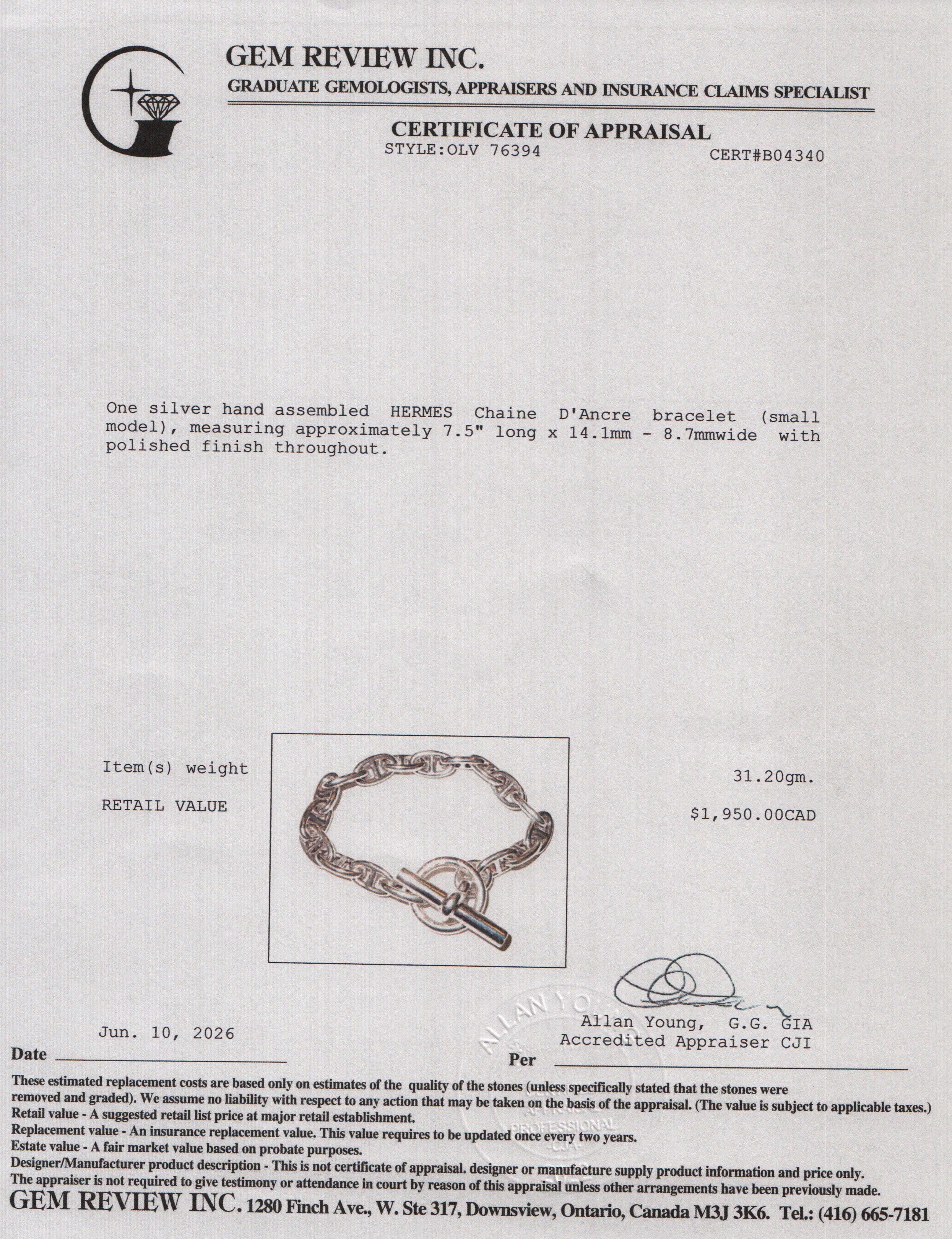 Hermes Sterling Silver Chaine D'Ancre Bracelet, Small Model