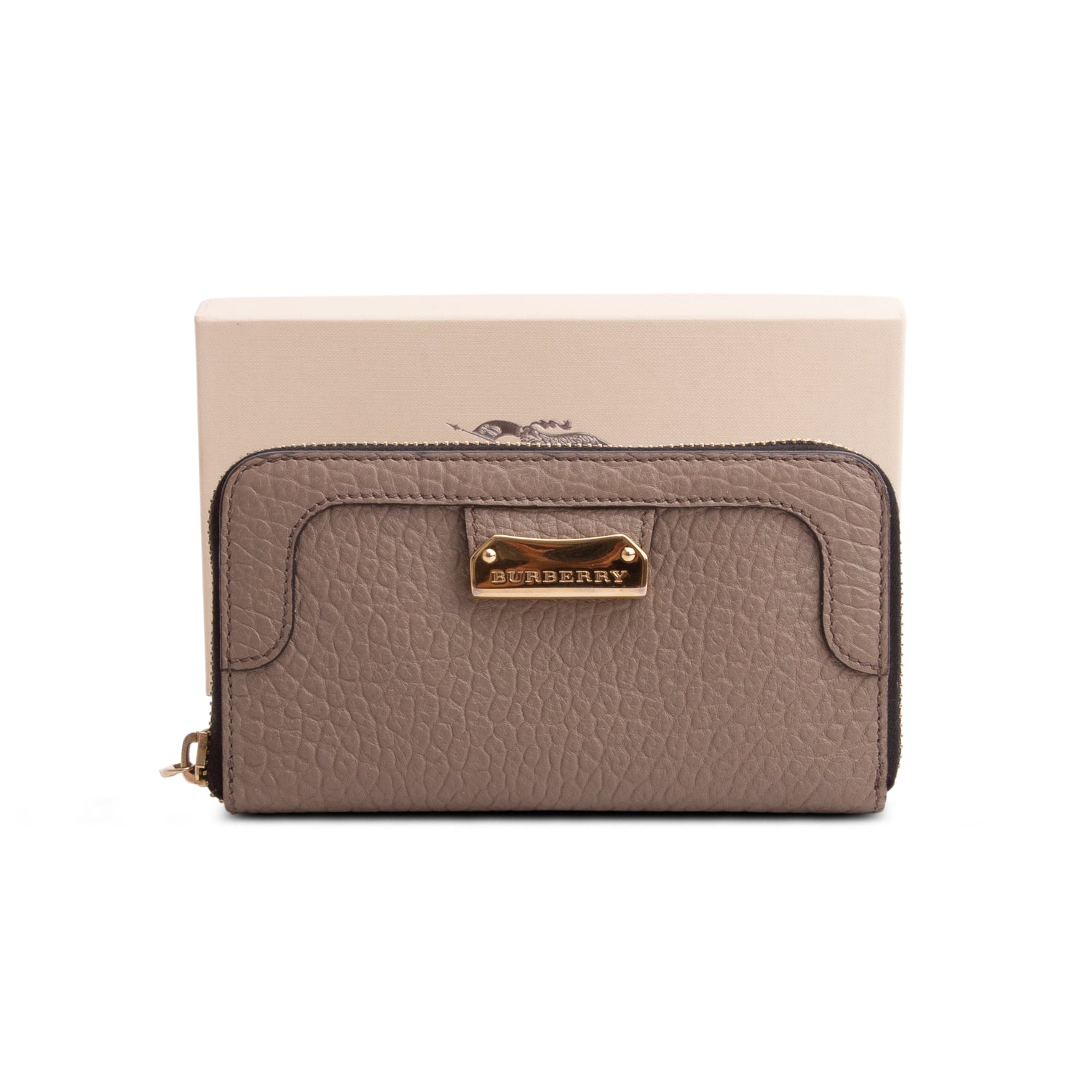 Burberry Taupe Grained Leather Continental Zip Wallet w/ Box