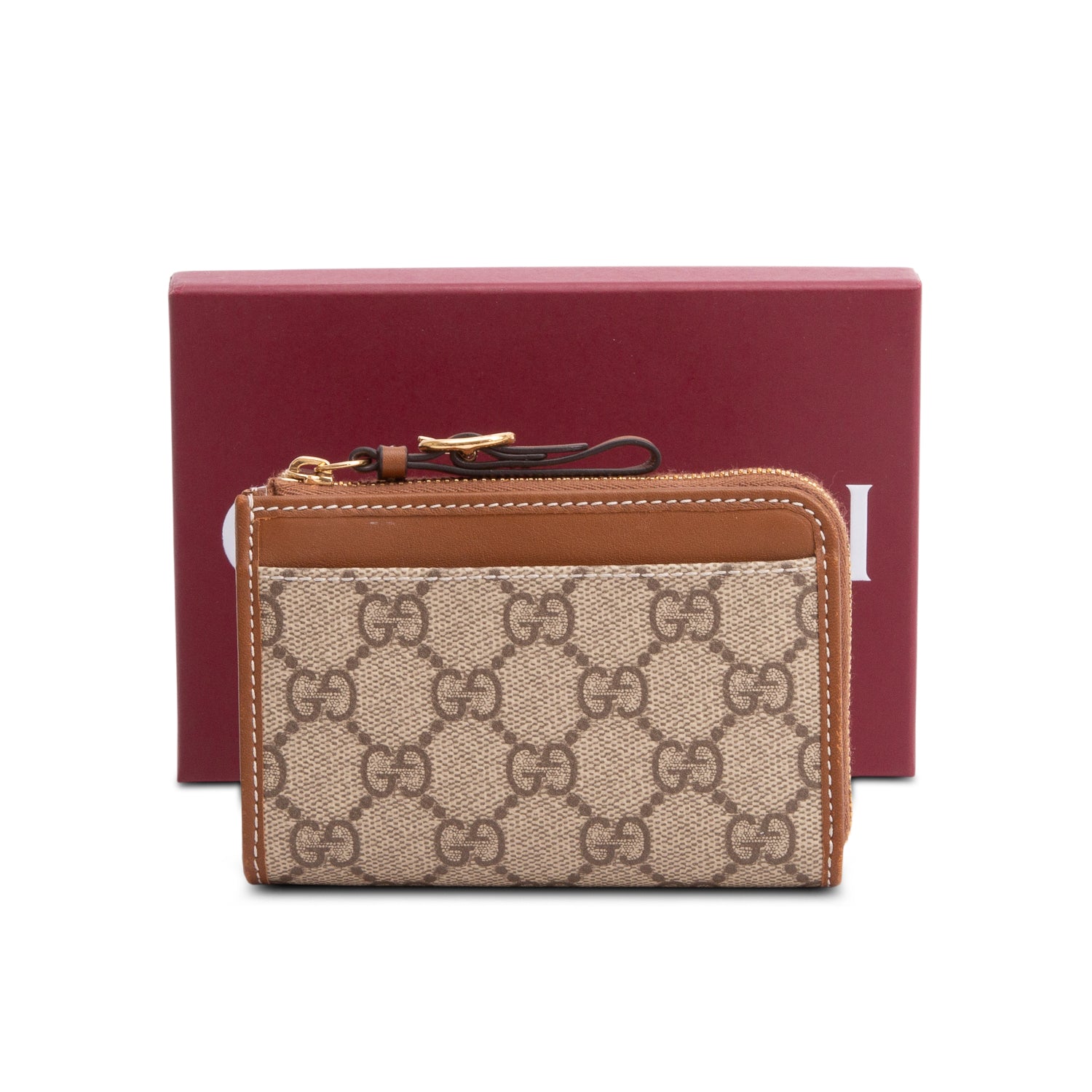Gucci GG Supreme Brown Leather Zip Key Pouch w/ Box