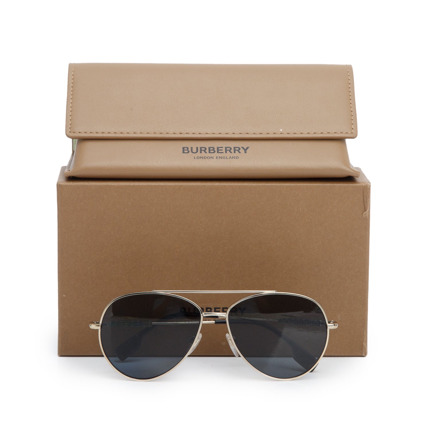 Burberry B 3147 Gold Tone Metal Logo Frame Aviator Sunglasses w/ Box & Case