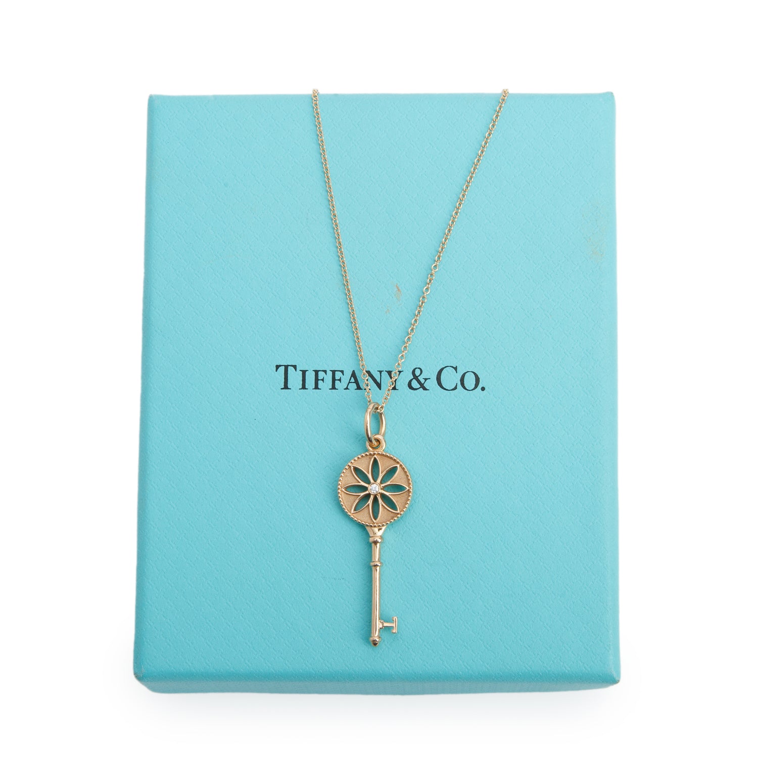 Tiffany & Co. 18k Rose Gold Diamond Daisy Key Pendant Necklace w/ Box